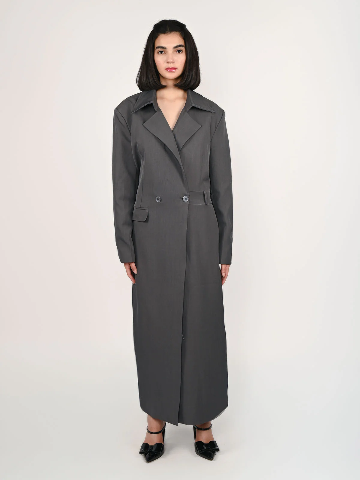 Odette Grey Suiting fabric Solid Overcoat For Women