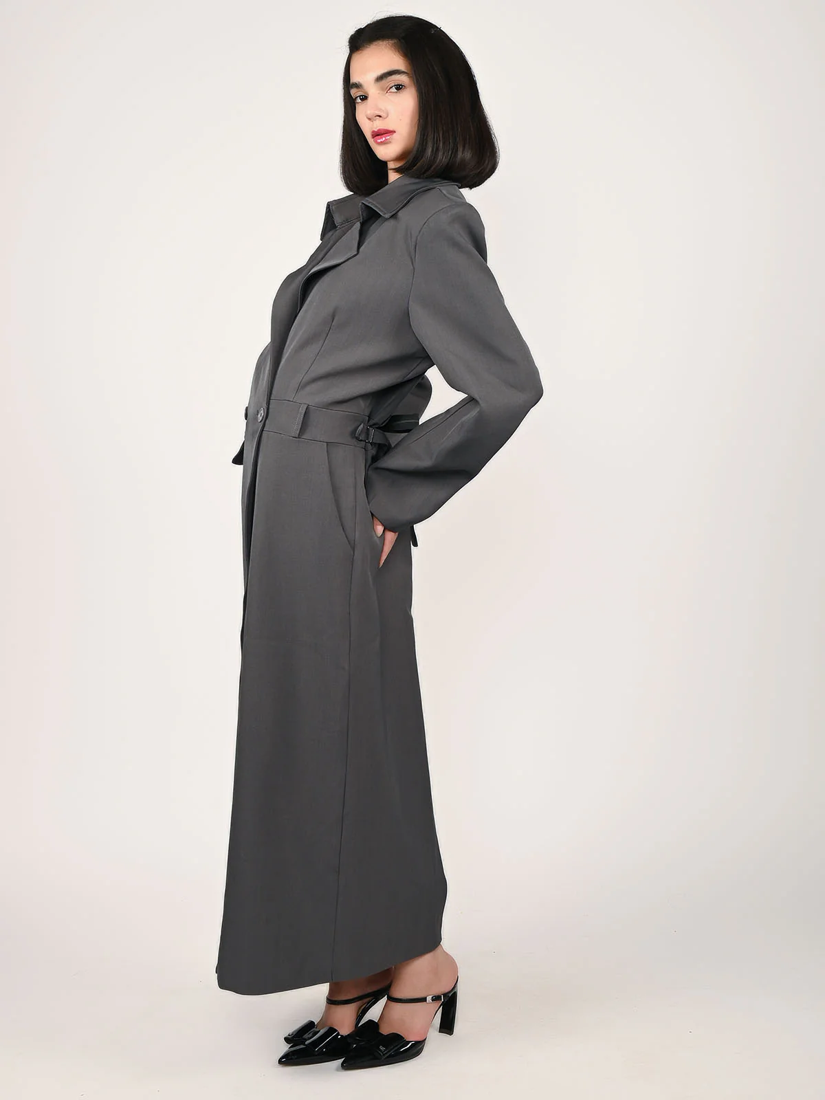 Odette Grey Suiting fabric Solid Overcoat For Women - Image 2