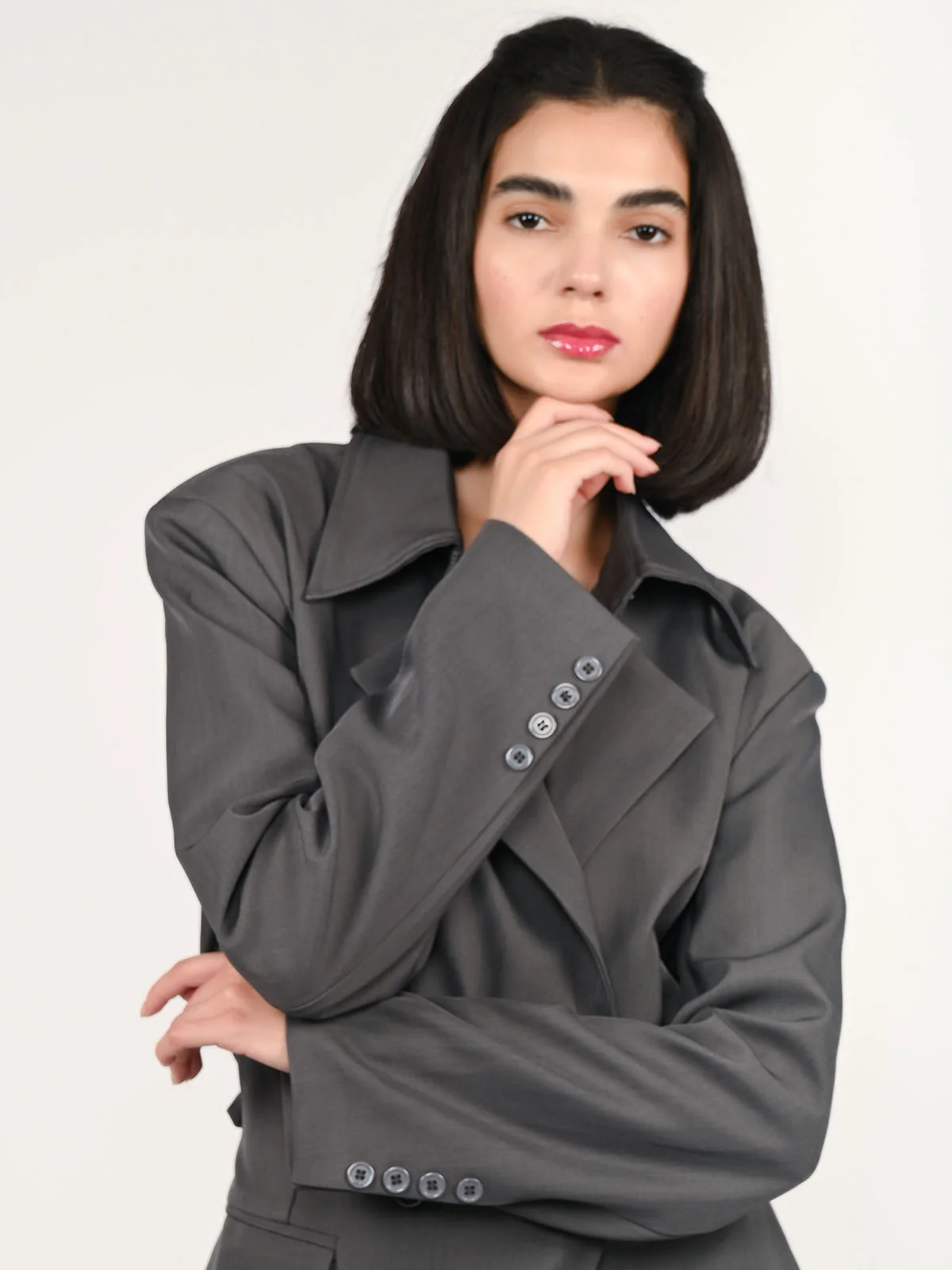 Odette Grey Suiting fabric Solid Overcoat For Women - Image 5