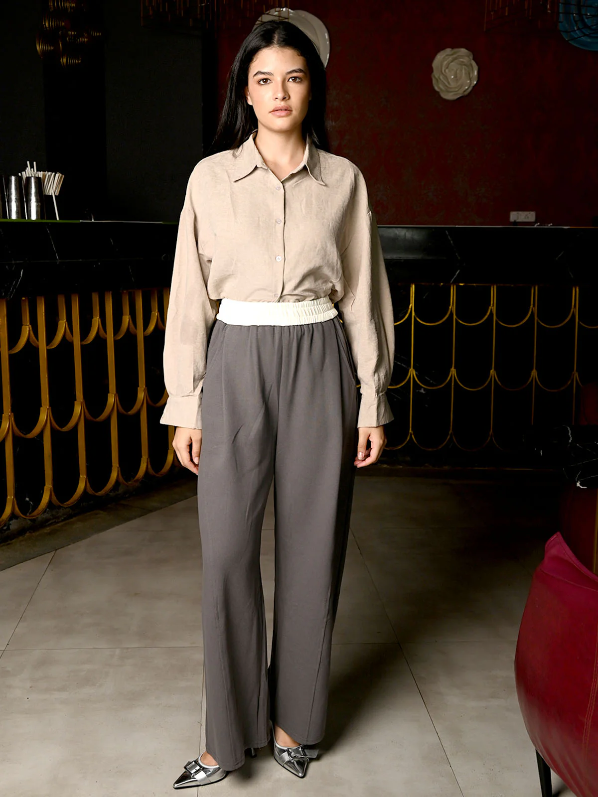 Odette Grey Suiting Fabric Solid Trouser For Women