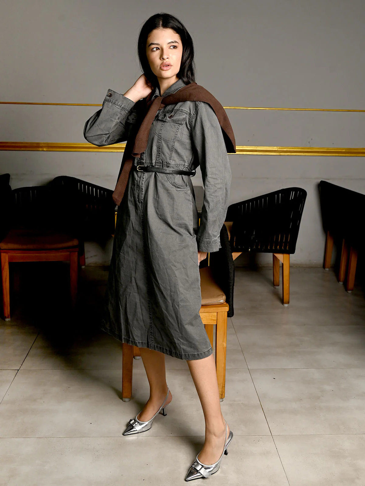 Odette Grey Twill Solid Dress With Belt And Scarf For Women - Image 3