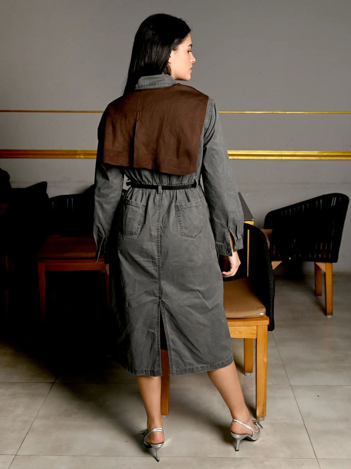 Odette Grey Twill Solid Dress With Belt And Scarf For Women - Image 4