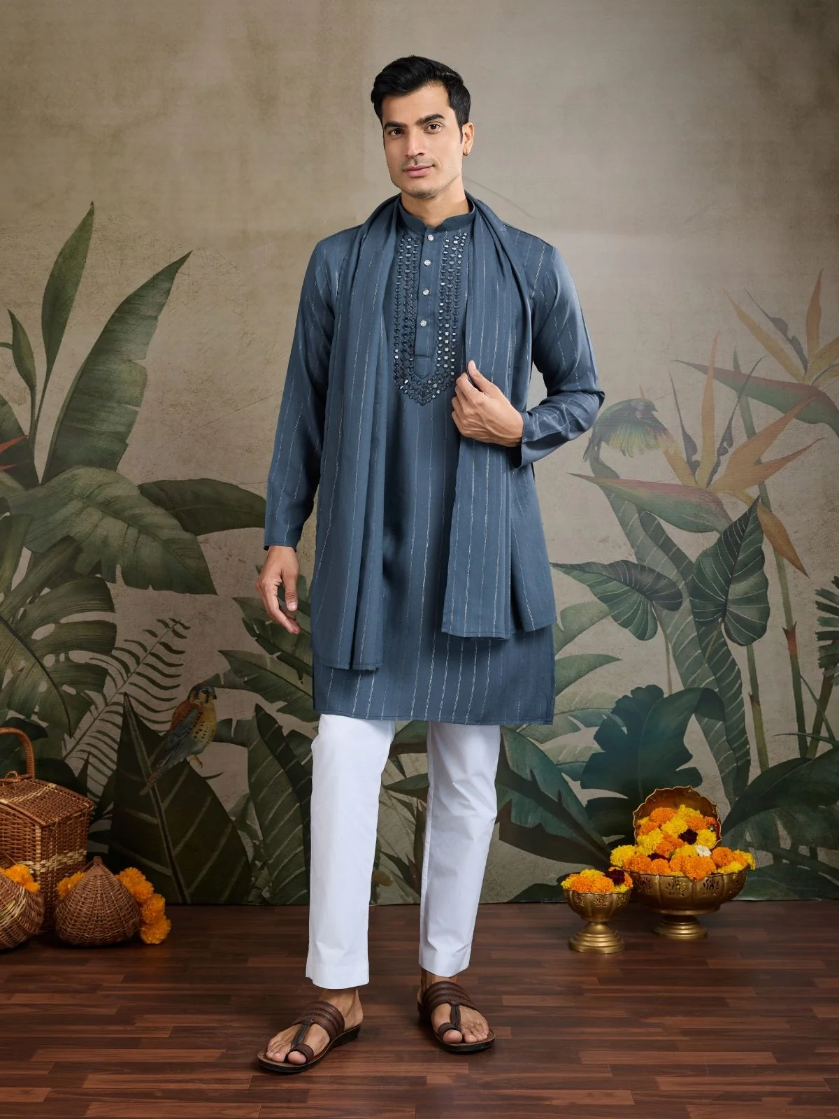 Odette Grey Viscose Rayon Embellished Stitched Kurta For Men