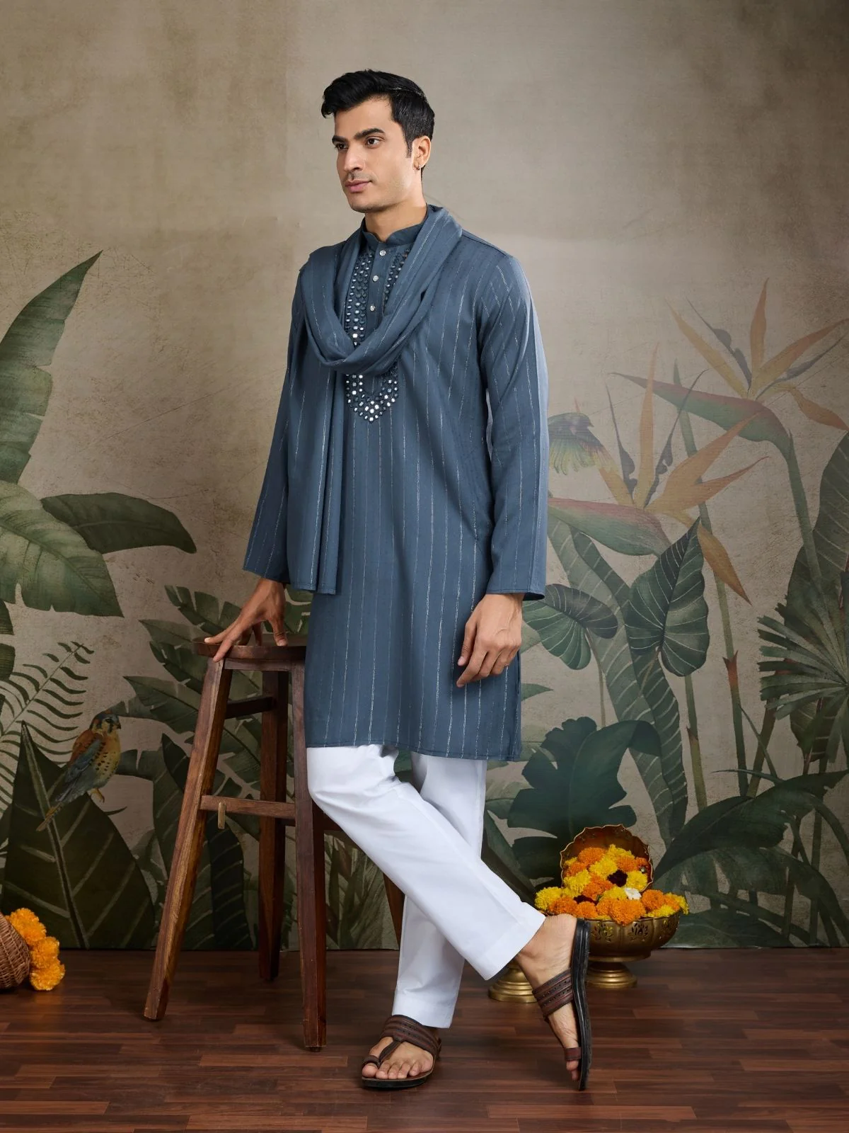 Odette Grey Viscose Rayon Embellished Stitched Kurta For Men - Image 2