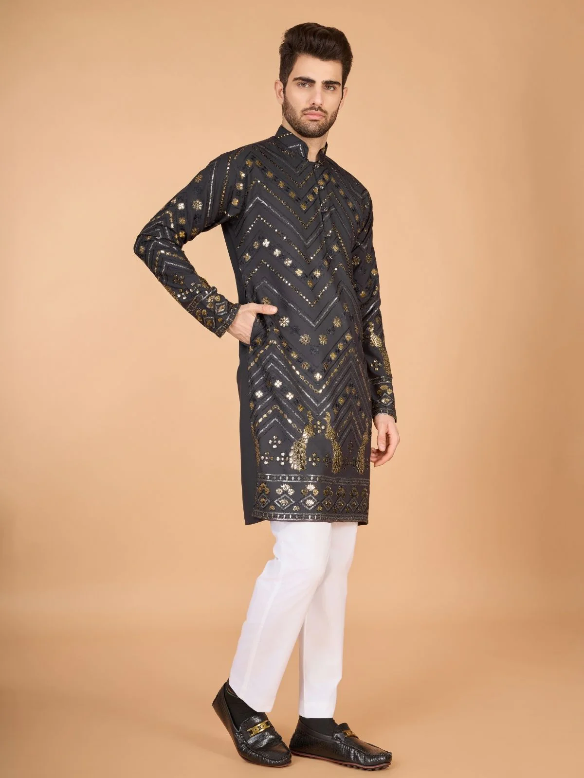 Odette Grey Viscose Rayon Embroidered Stitched Kurta For Men - Image 3