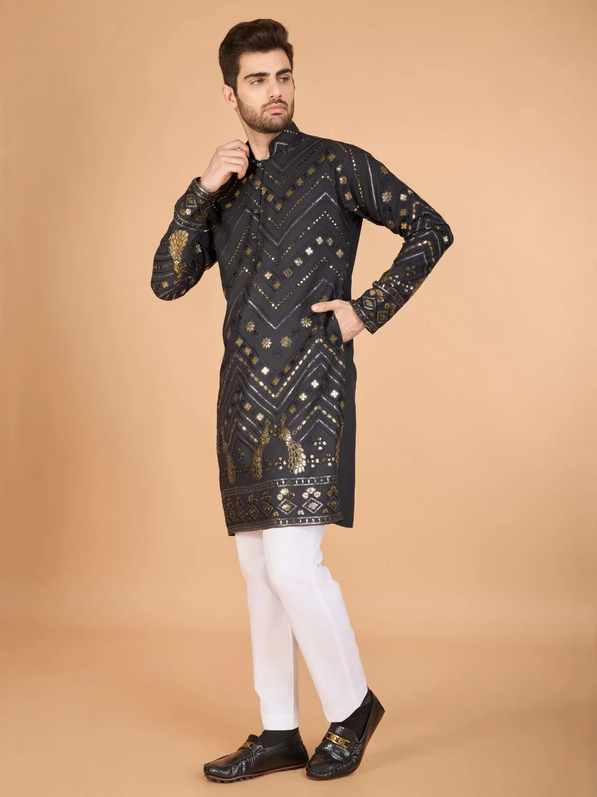Odette Grey Viscose Rayon Embroidered Stitched Kurta For Men - Image 4
