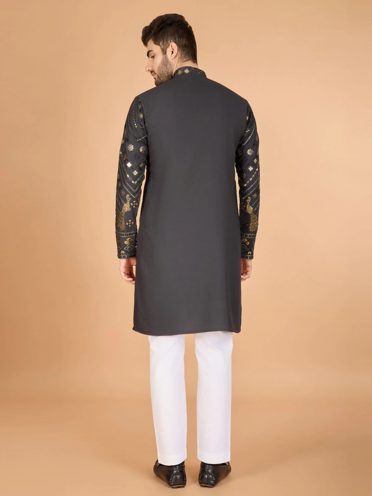 Odette Grey Viscose Rayon Embroidered Stitched Kurta For Men - Image 5