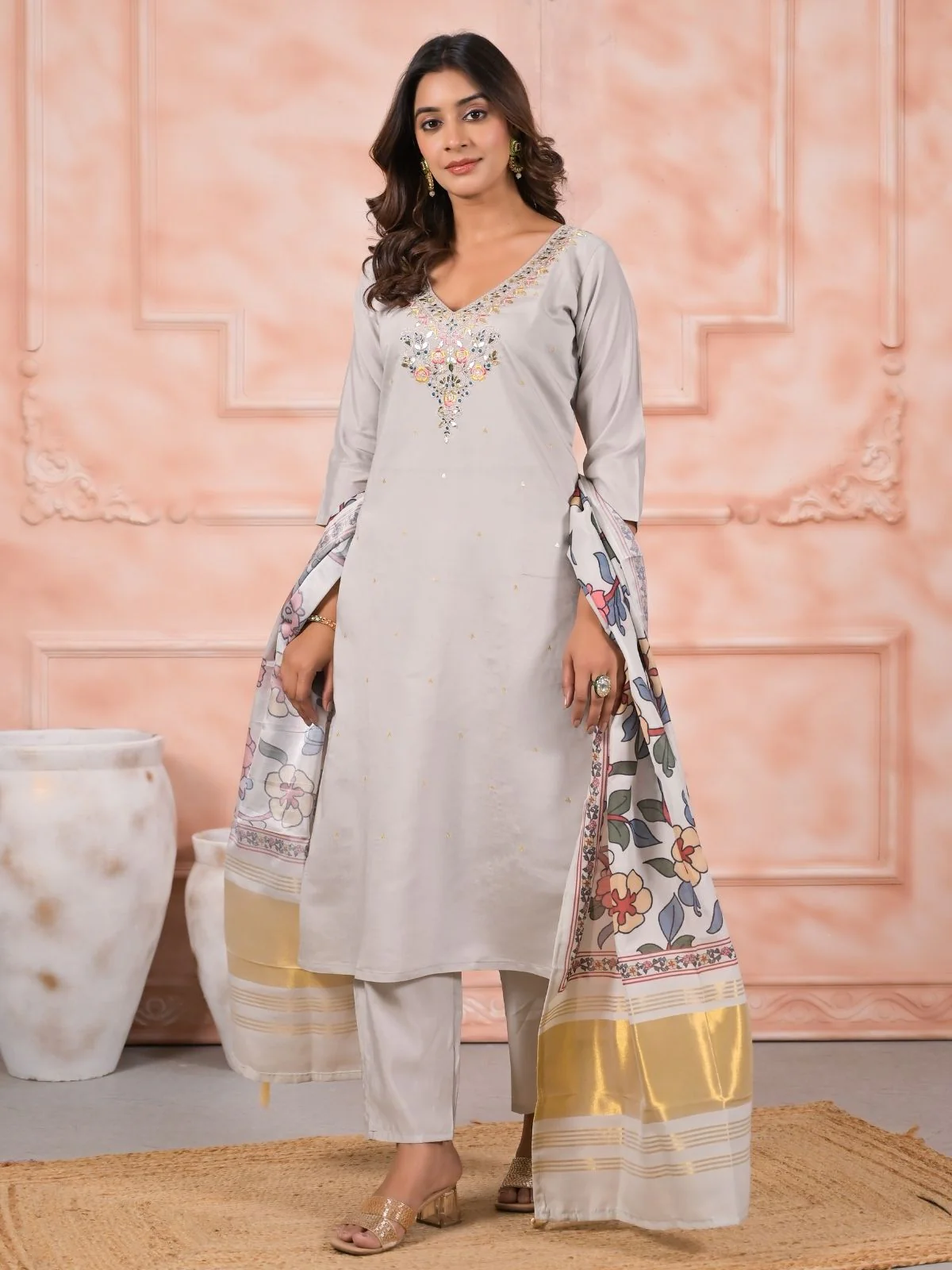 Odette Grey Viscose Rayon Embroidered Stitched Kurta Set For Women - Image 3