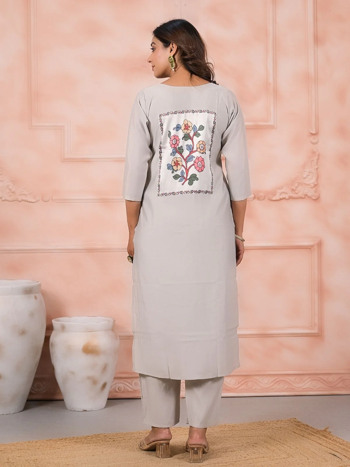 Odette Grey Viscose Rayon Embroidered Stitched Kurta Set For Women - Image 4