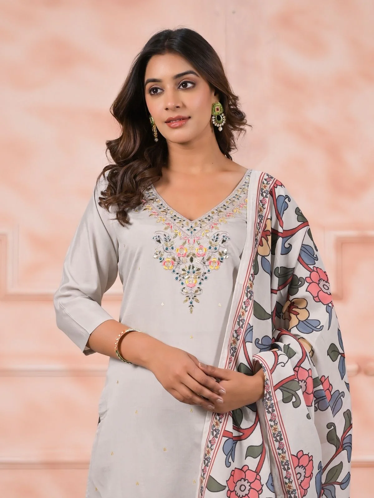 Odette Grey Viscose Rayon Embroidered Stitched Kurta Set For Women - Image 5