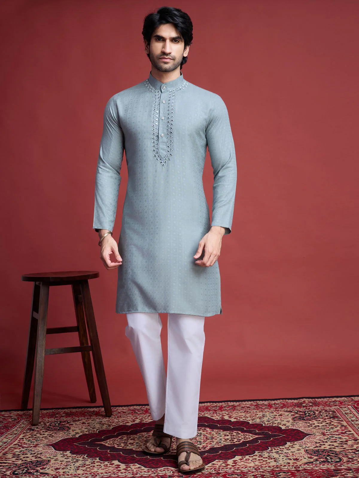 Odette Grey Viscose Rayon Mirror Work Stitched Kurta For Men