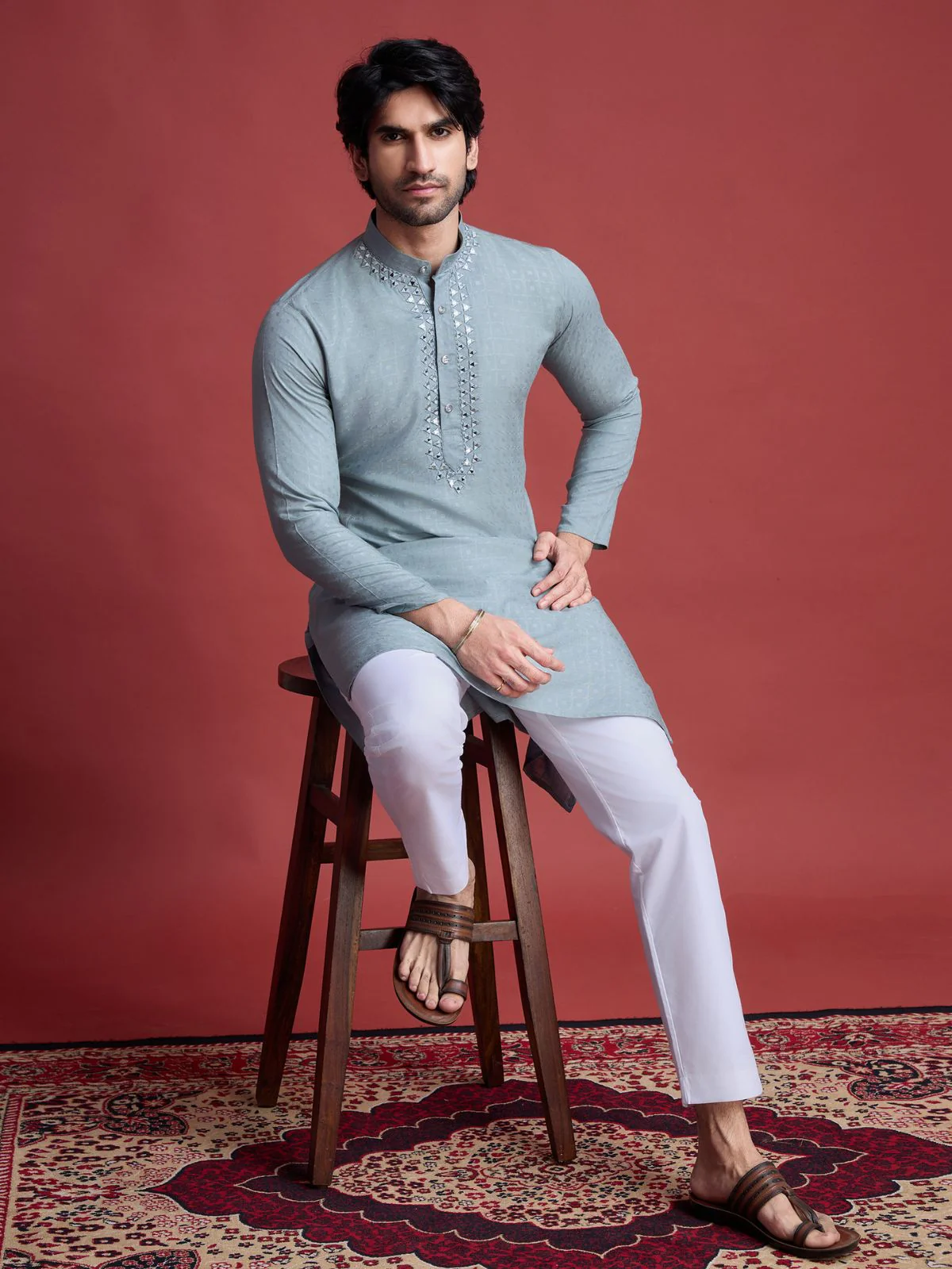 Odette Grey Viscose Rayon Mirror Work Stitched Kurta For Men - Image 4