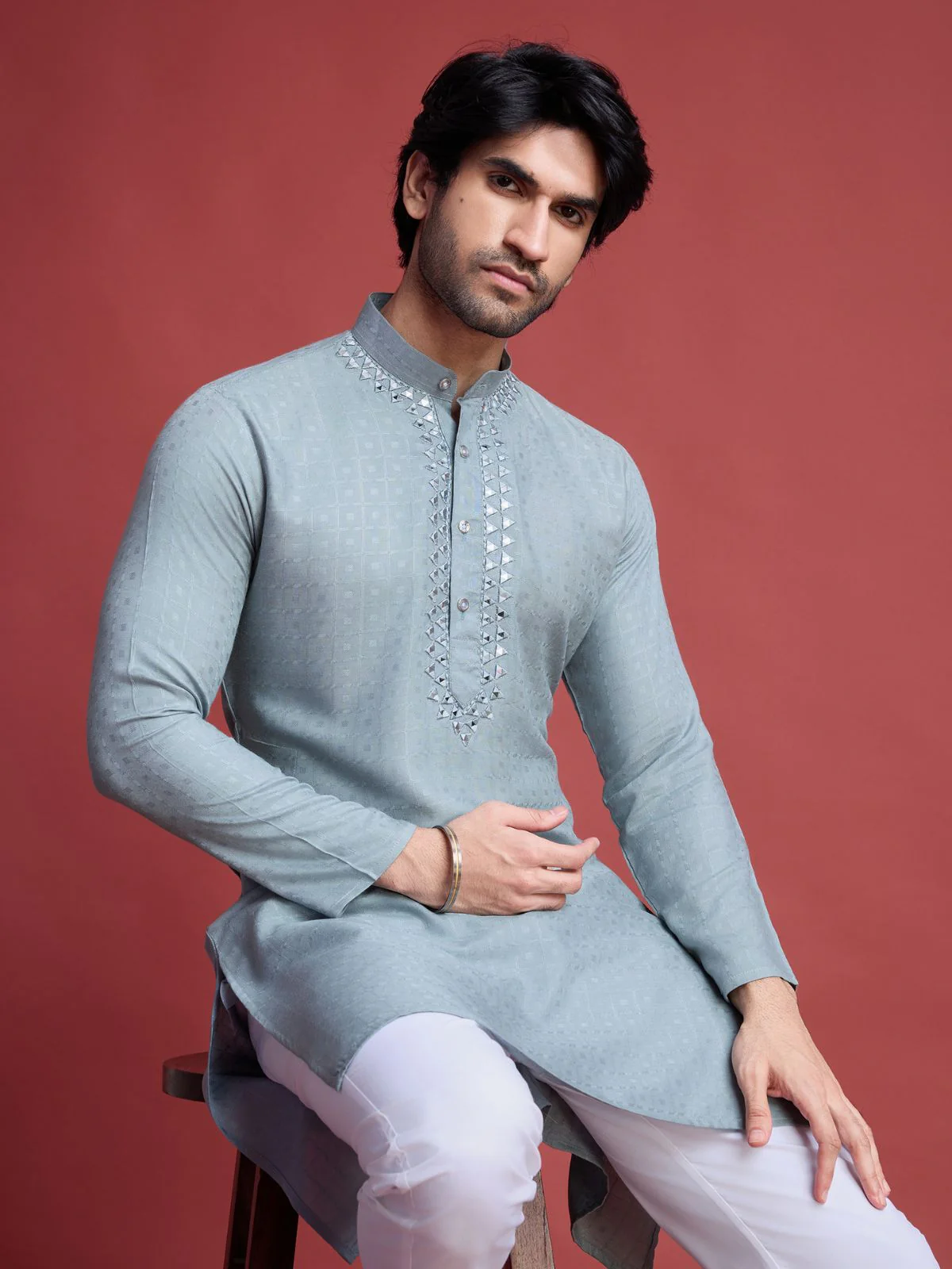 Odette Grey Viscose Rayon Mirror Work Stitched Kurta For Men - Image 5