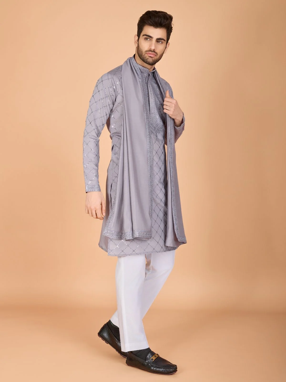 Odette Grey Viscose Silk Embellished Stitched Kurta For Men - Image 2