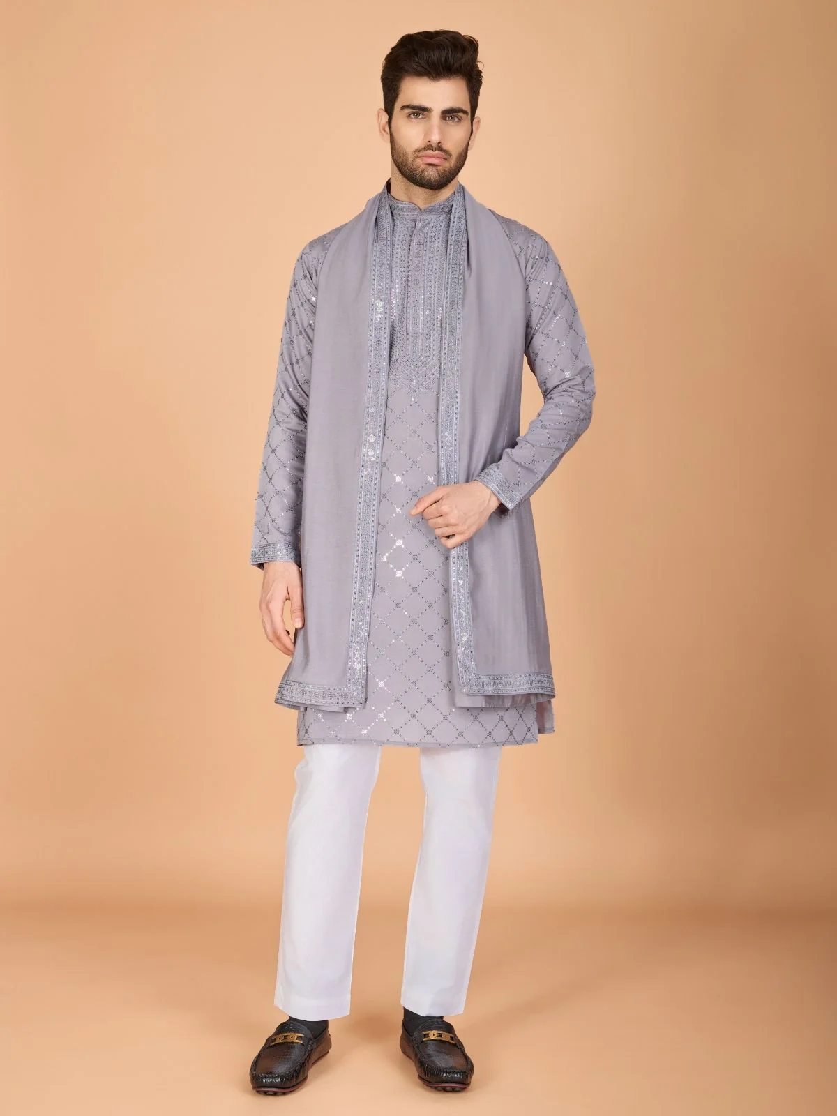 Odette Grey Viscose Silk Embellished Stitched Kurta For Men - Image 3