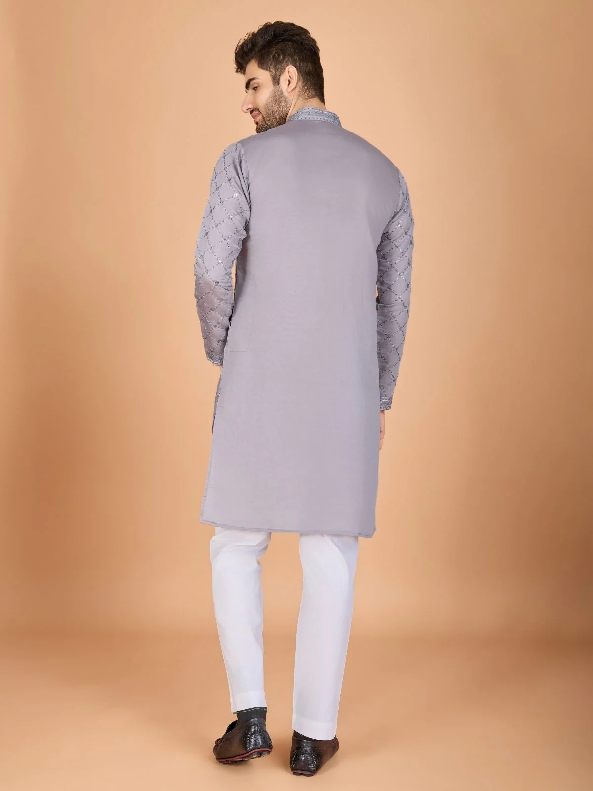 Odette Grey Viscose Silk Embellished Stitched Kurta For Men - Image 4