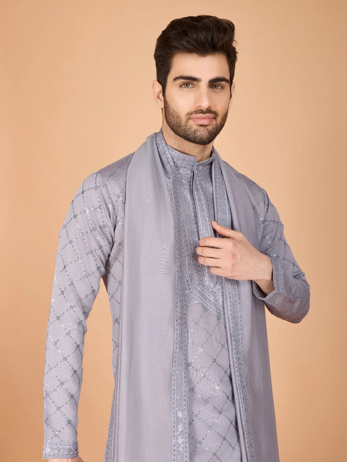 Odette Grey Viscose Silk Embellished Stitched Kurta For Men - Image 5