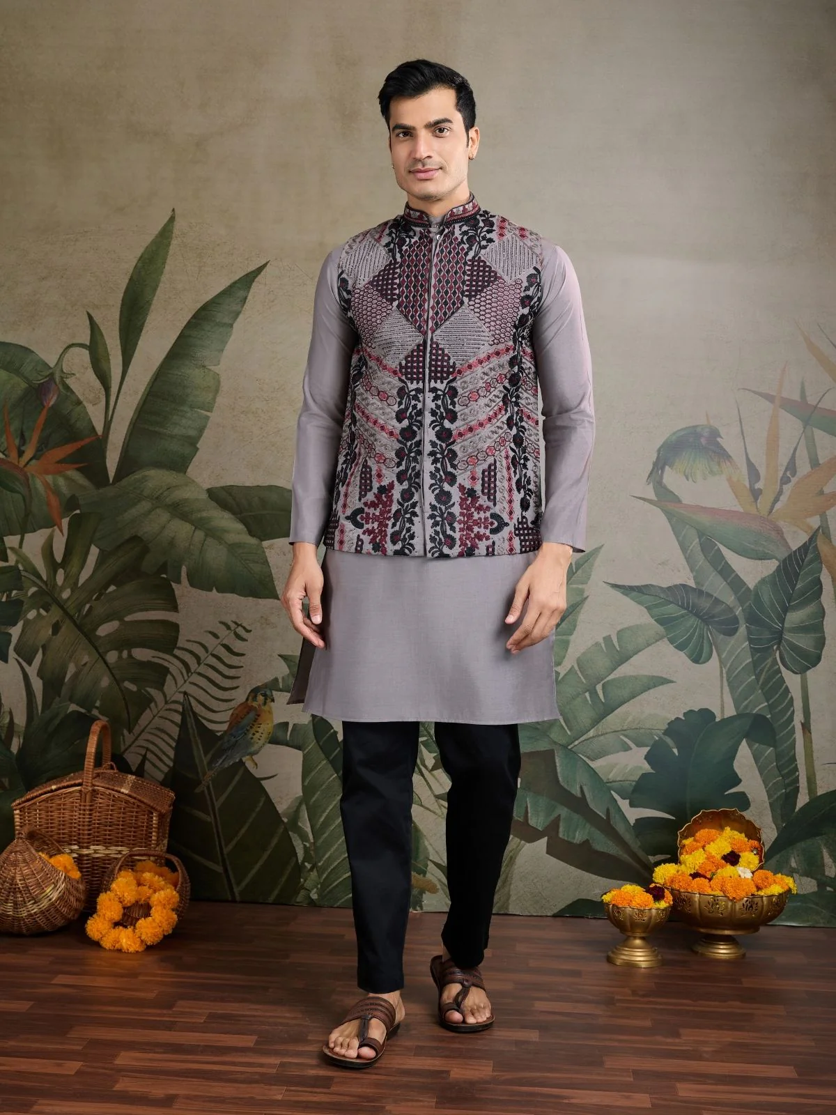 Odette Grey Viscose Silk Embroidered Stitched Kurta For Men