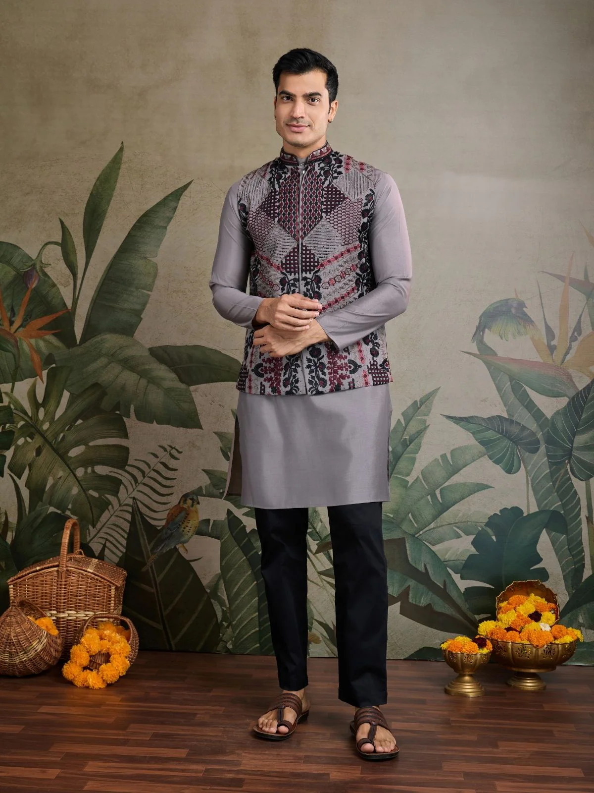 Odette Grey Viscose Silk Embroidered Stitched Kurta For Men - Image 2