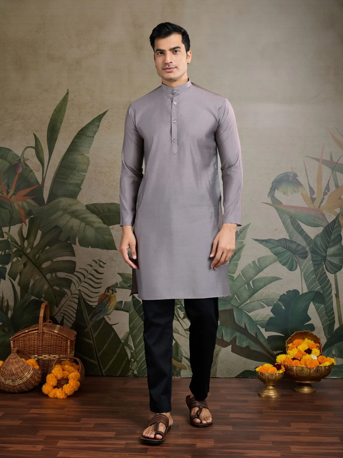 Odette Grey Viscose Silk Embroidered Stitched Kurta For Men - Image 3