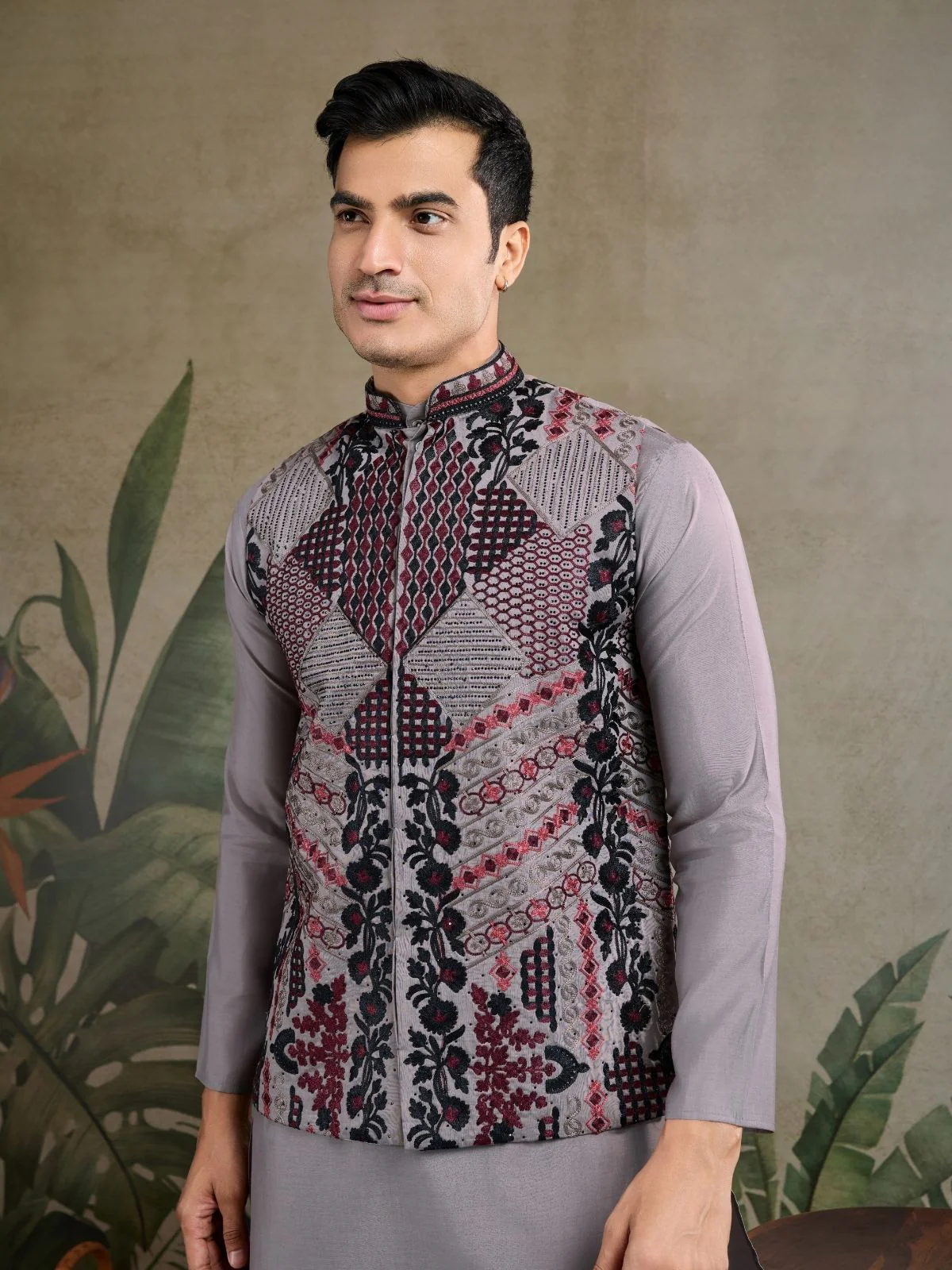 Odette Grey Viscose Silk Embroidered Stitched Kurta For Men - Image 5
