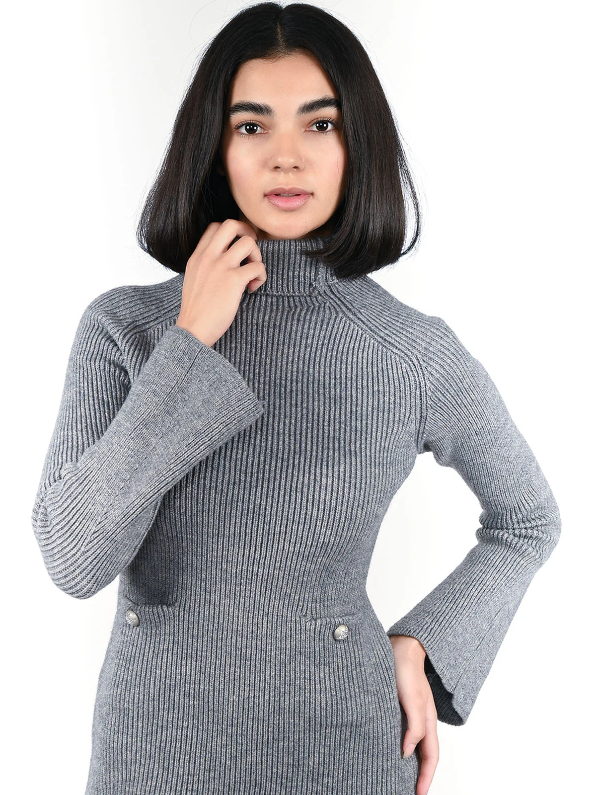 Odette Grey Wool Solid Dress For Women - Image 5