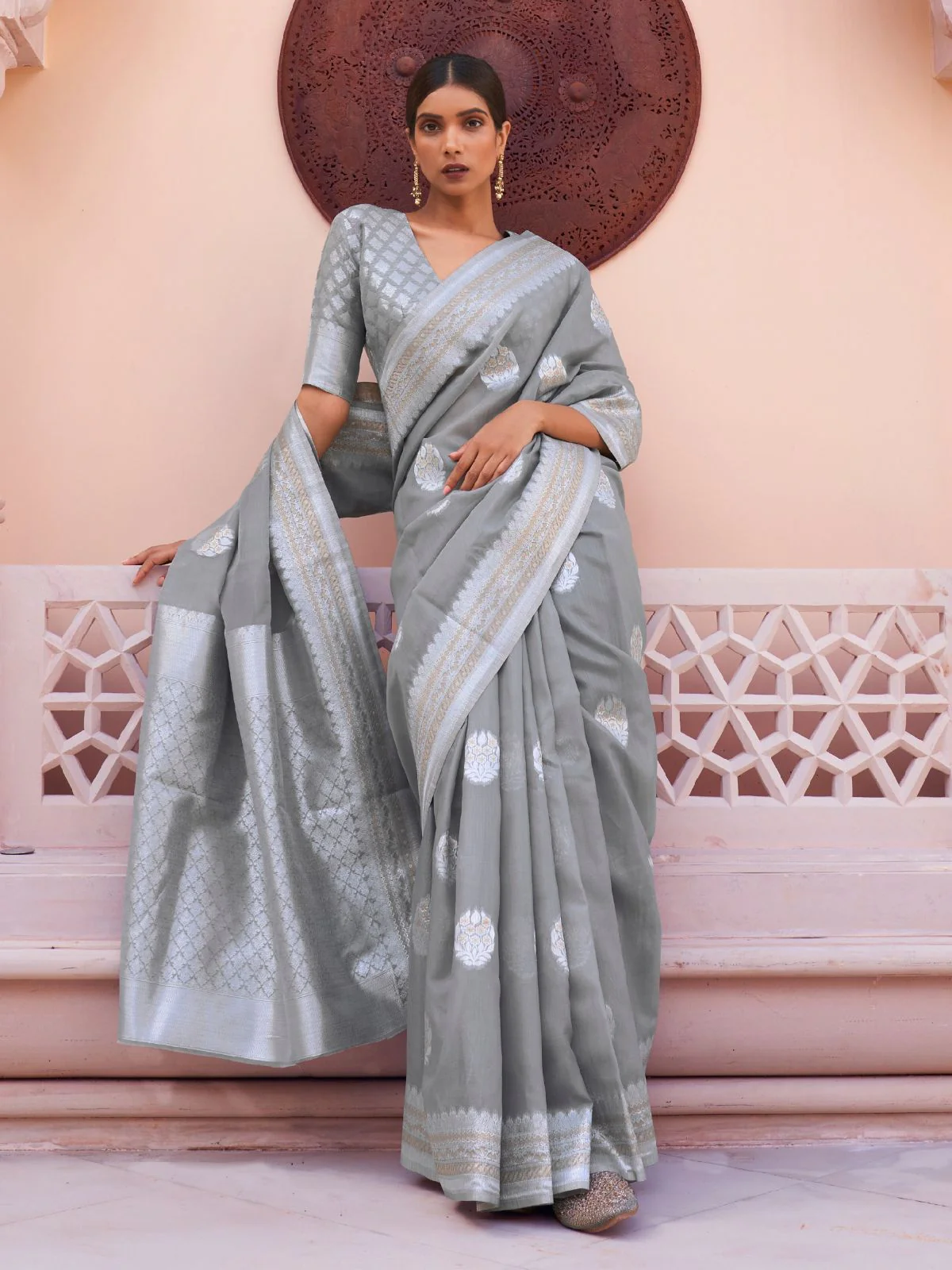 Odette Grey Woven Design Linen Saree With Unstitched Blouse For Women