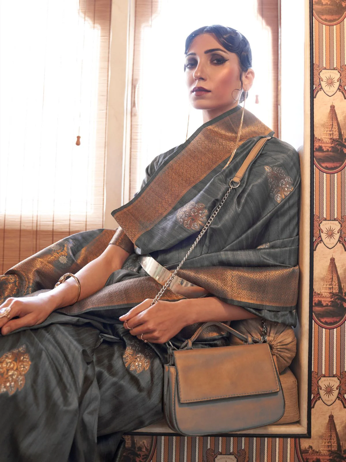 Odette Grey Woven Design Silk Blend Saree With Unstitched Blouse For Women - Image 2