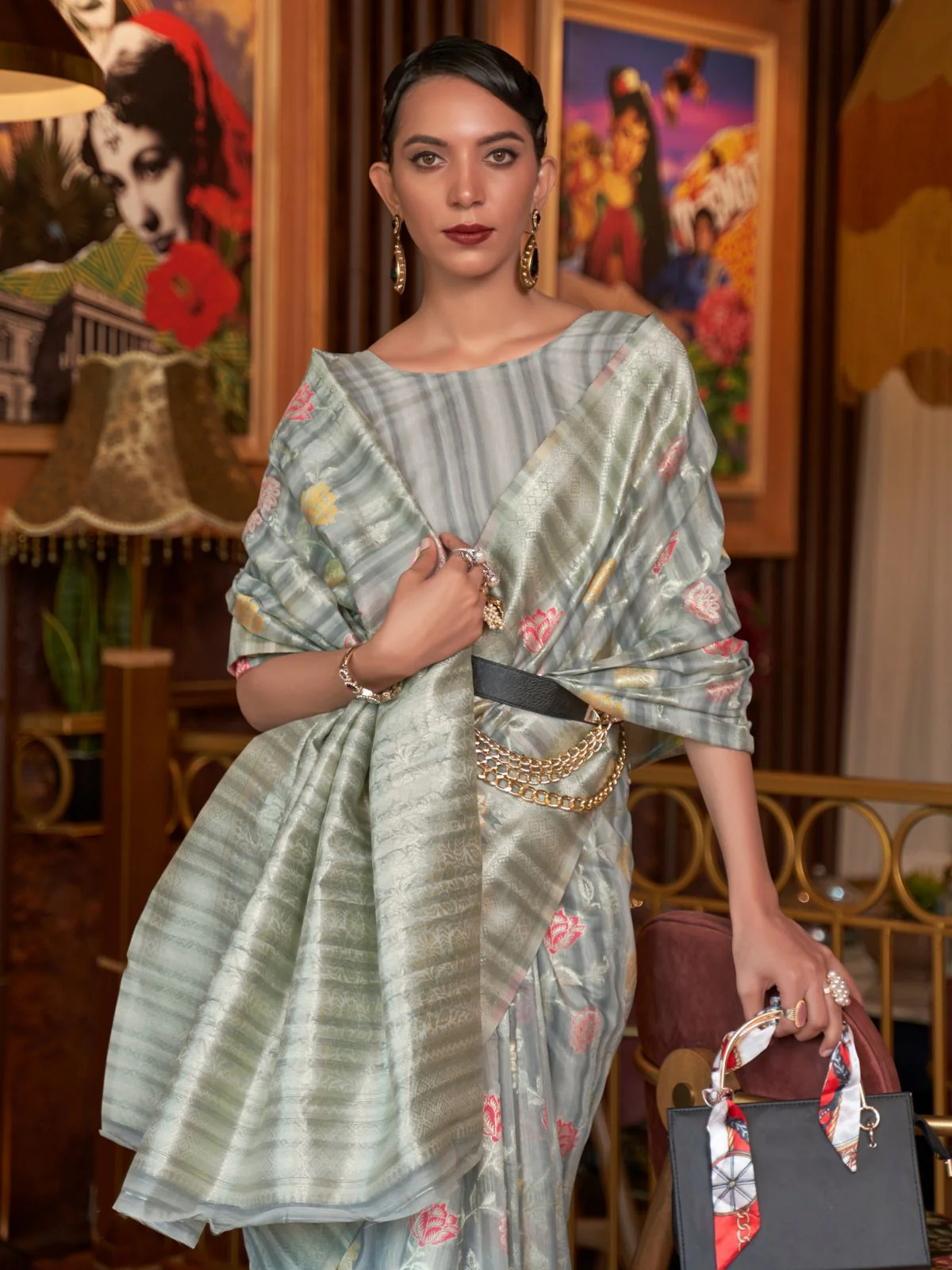 Odette Grey Woven Design Silk Blend Saree With Unstitched Blouse For Women - Image 2