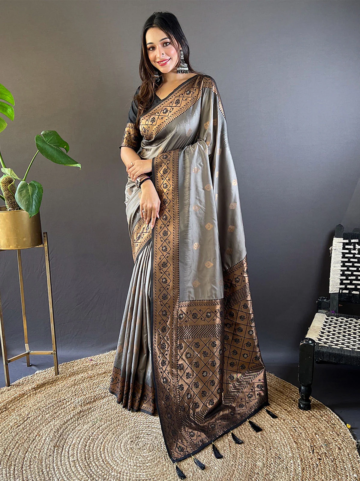 Odette Grey Woven Design Soft Silk Saree With Unstitched Blouse For Women