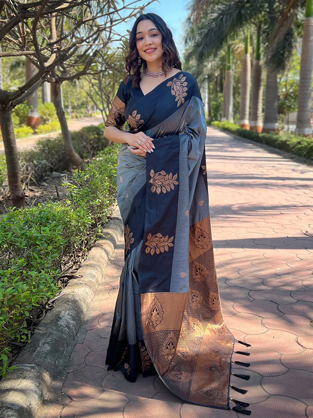 Odette Grey Woven Design Soft Silk Saree With Unstitched Blouse For Women