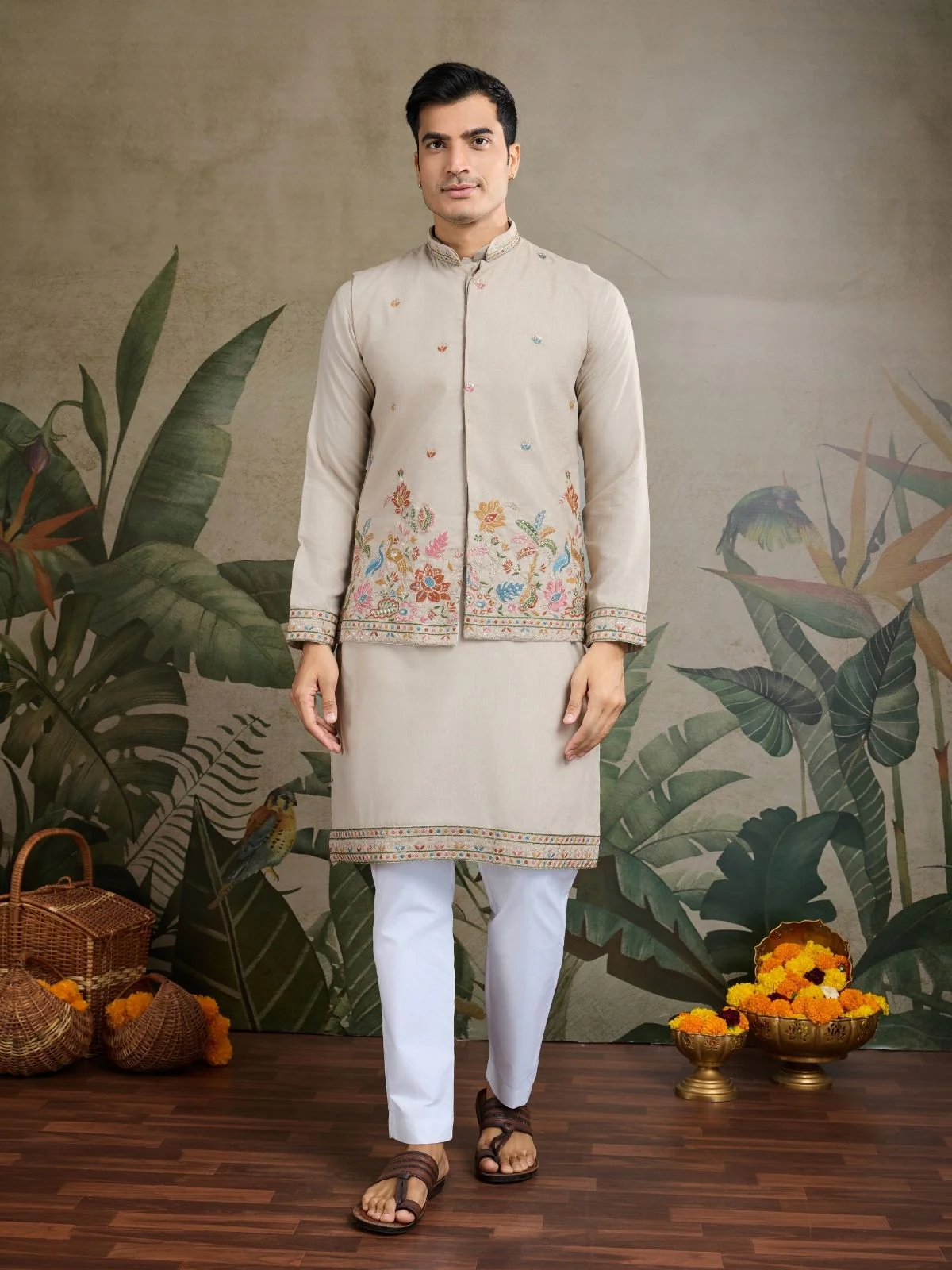 Odette Ivory Cotton Blend Embroidered Stitched Kurta For Men