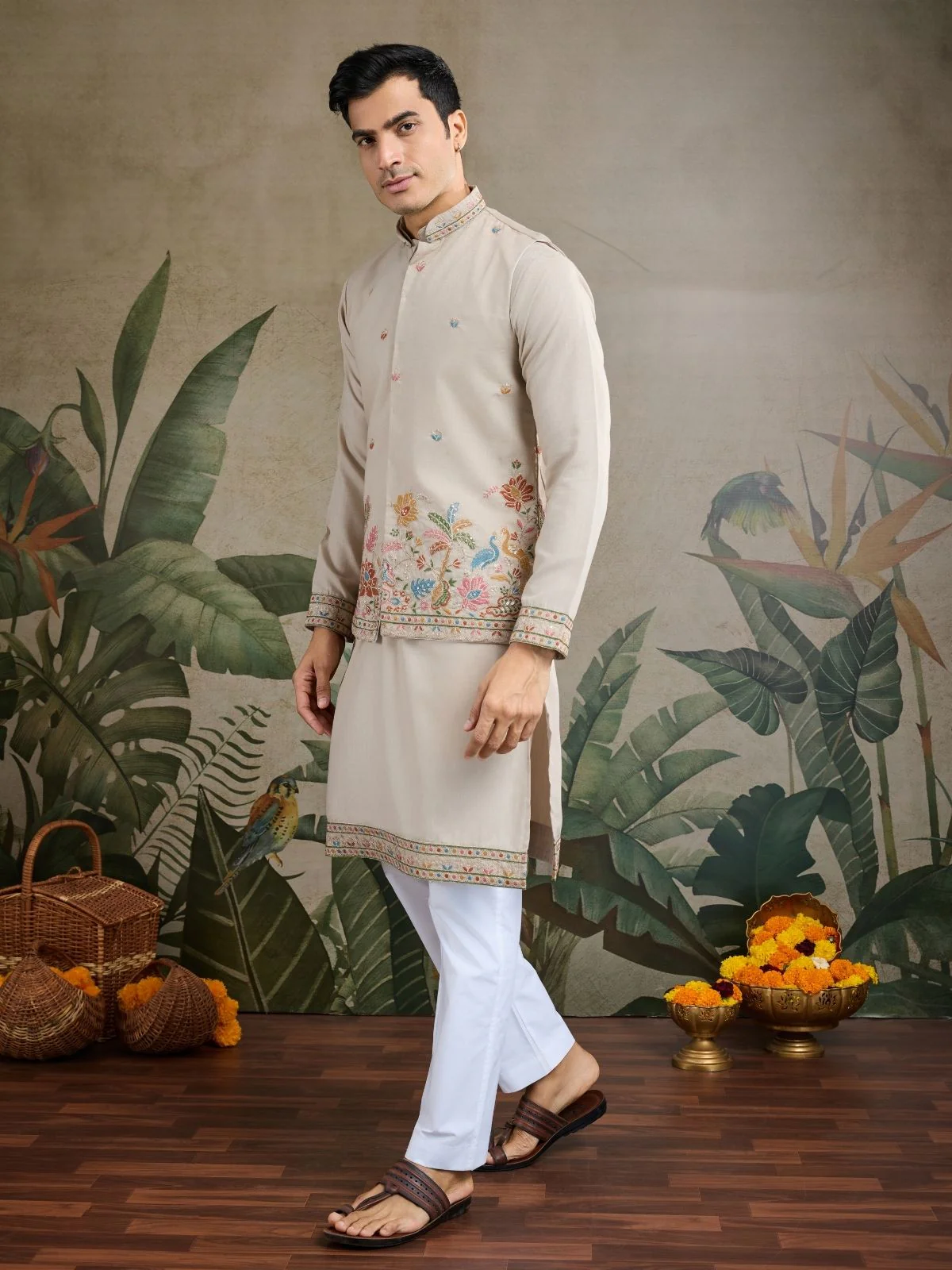 Odette Ivory Cotton Blend Embroidered Stitched Kurta For Men - Image 2