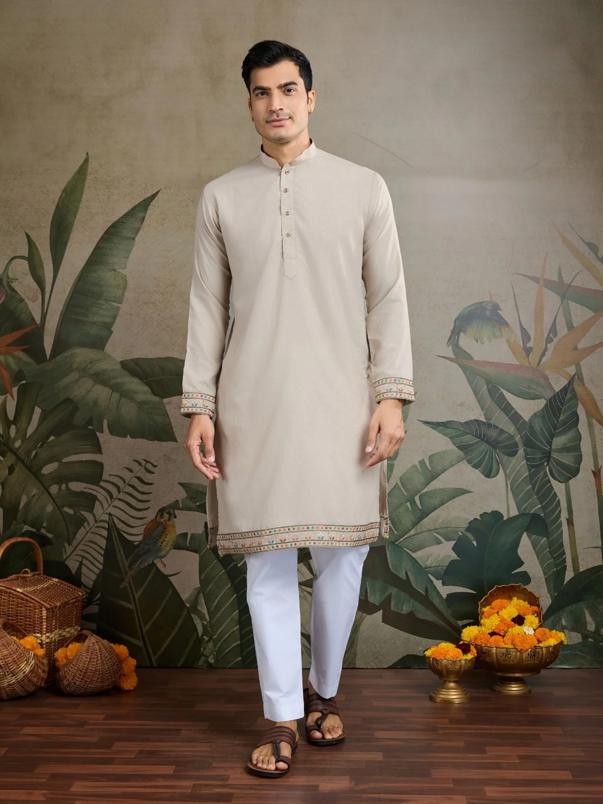 Odette Ivory Cotton Blend Embroidered Stitched Kurta For Men - Image 4