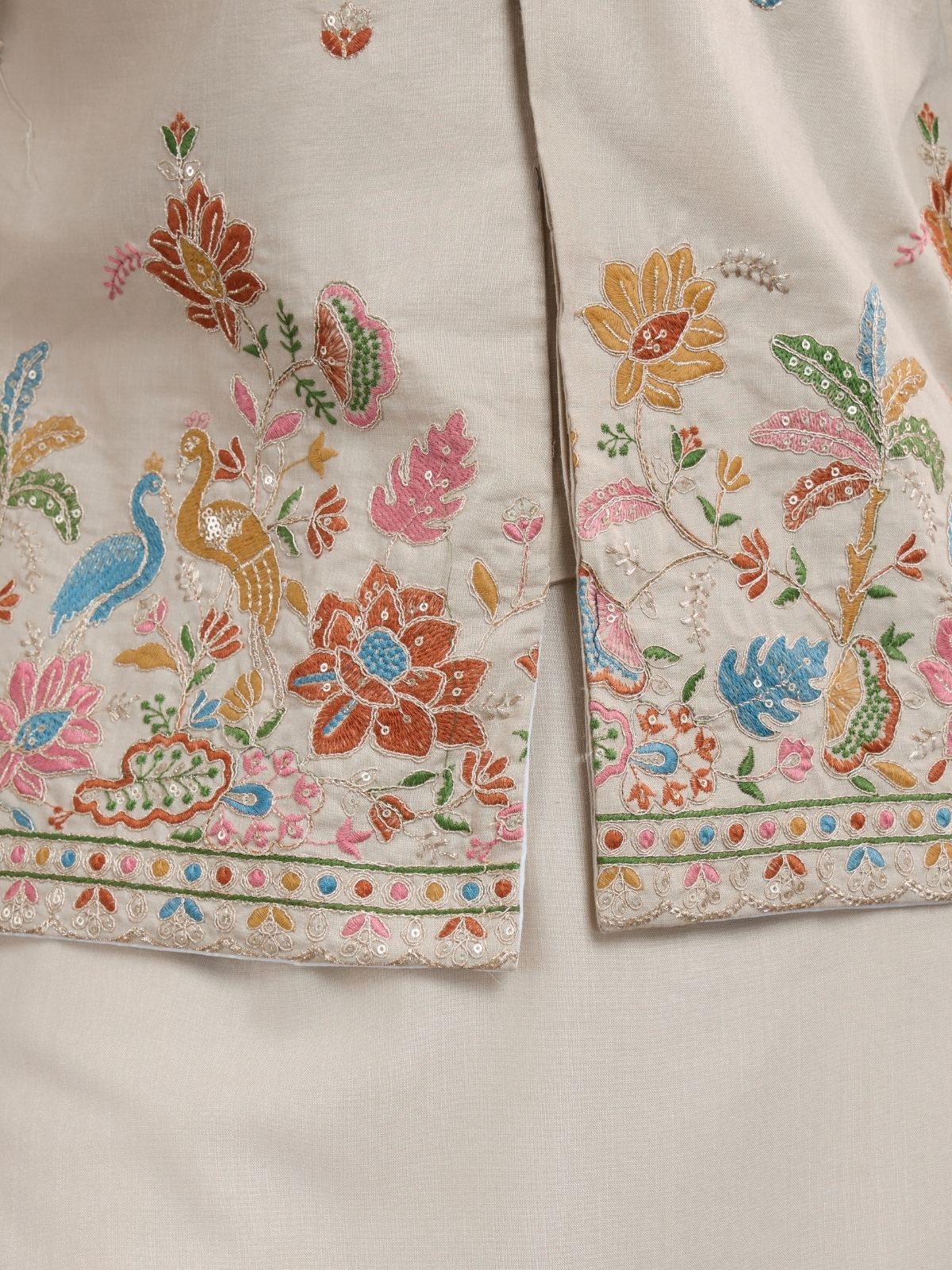 Odette Ivory Cotton Blend Embroidered Stitched Kurta For Men - Image 7