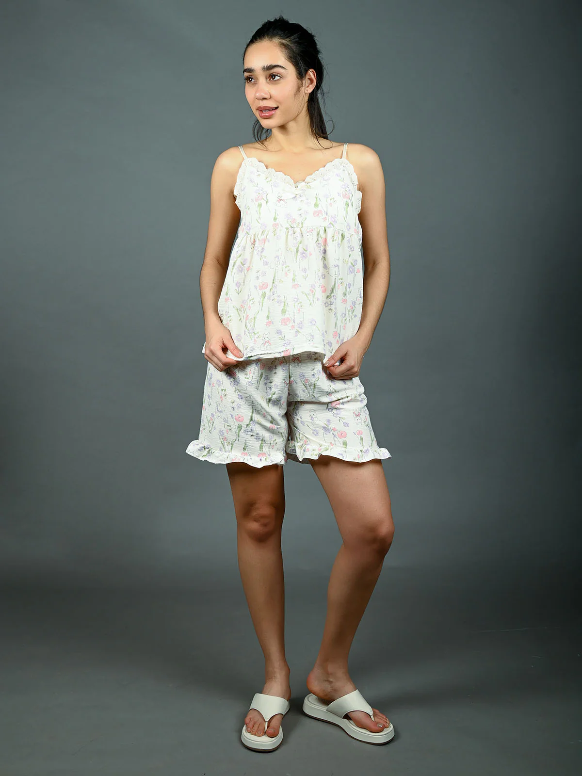 Odette Ivory Cotton Blend Printed Night Wear Set For Women
