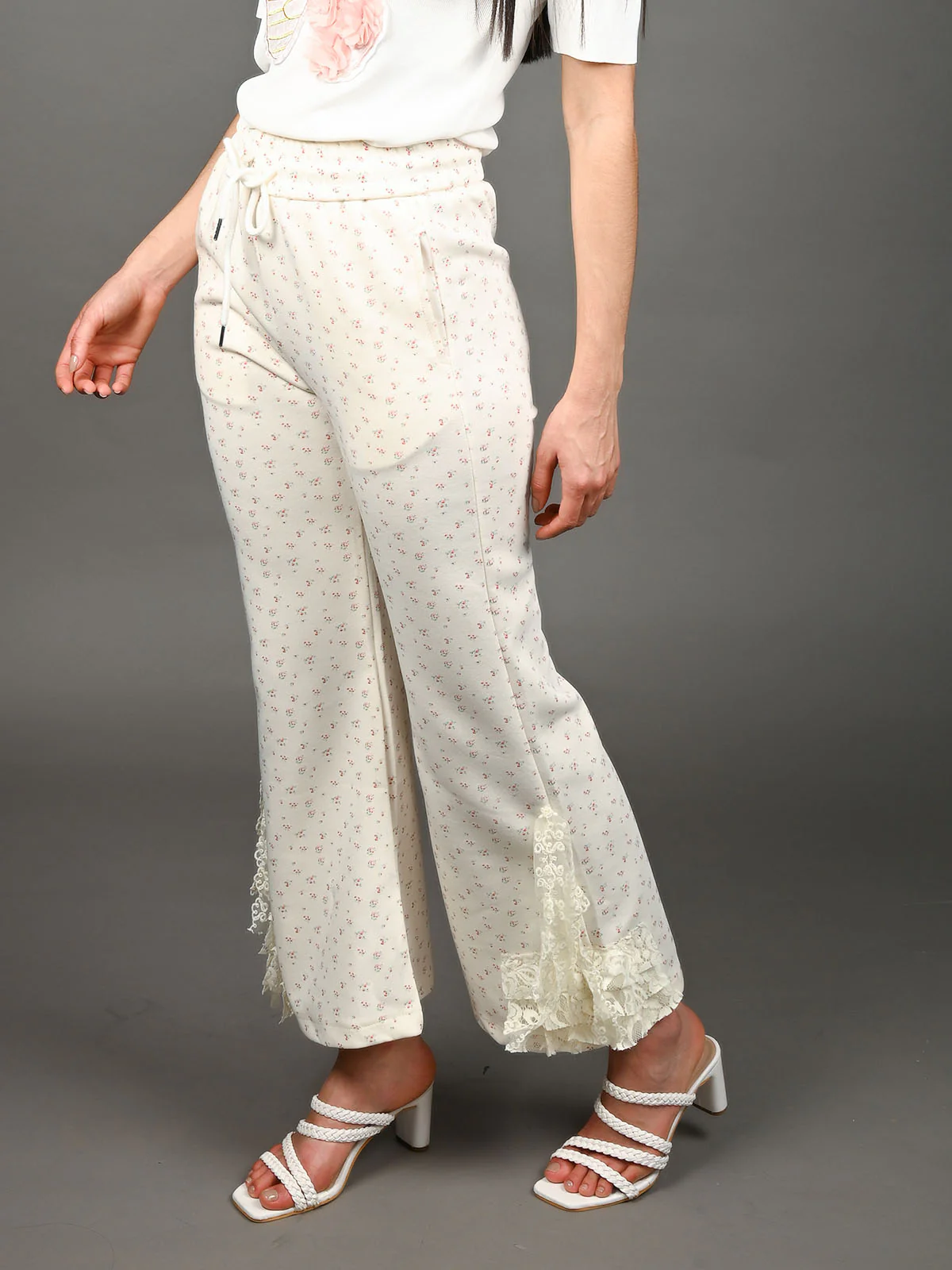 Odette Ivory Cotton Blend Printed Trouser For Women - Image 2