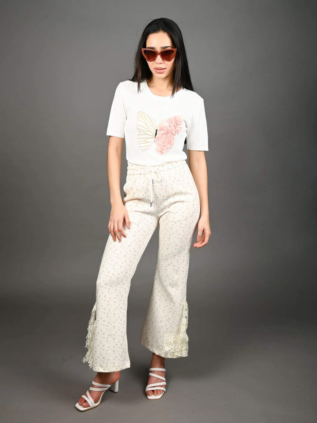 Odette Ivory Cotton Blend Printed Trouser For Women - Image 5