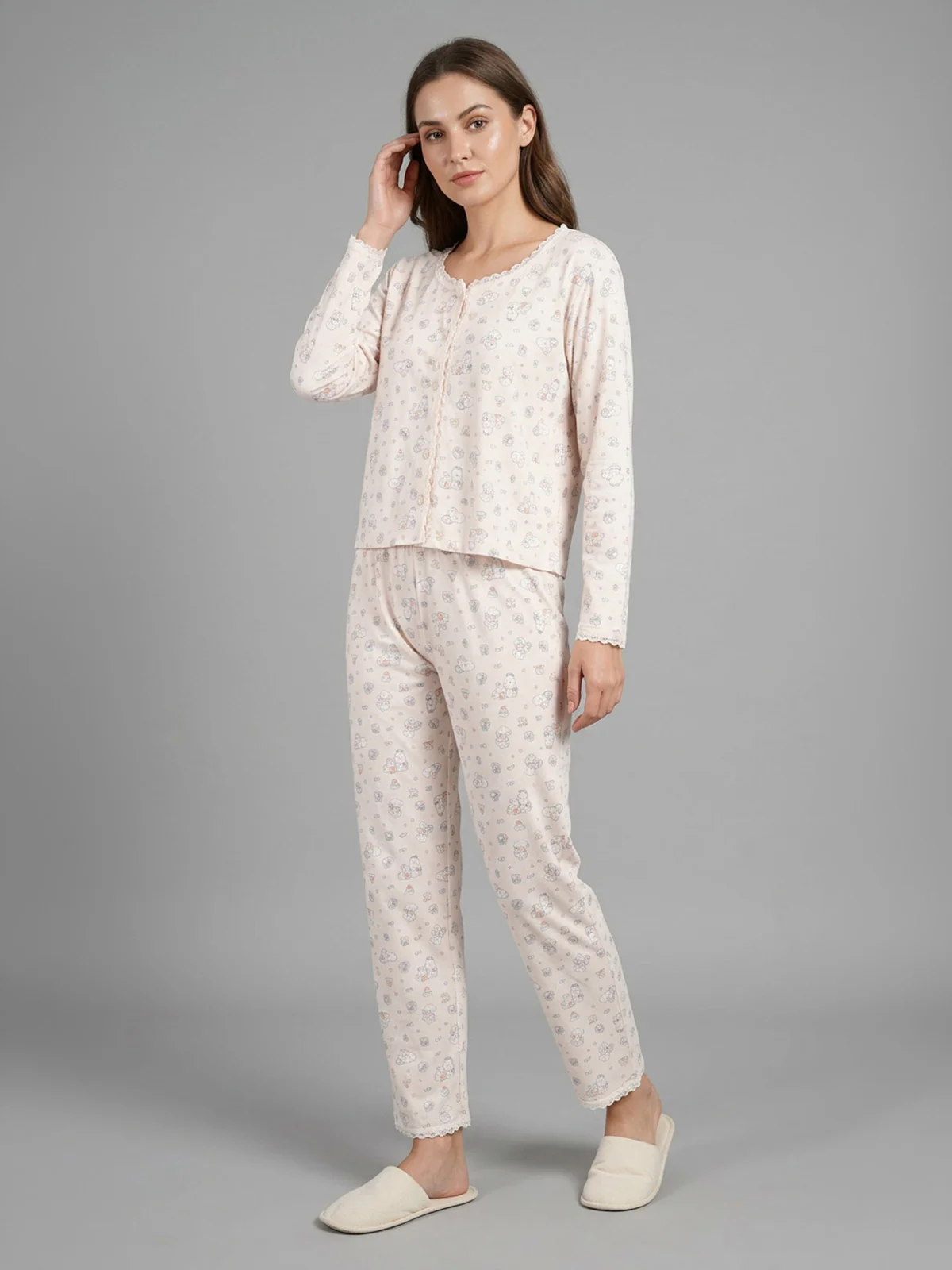 Odette Ivory Cotton Lace Work Night Dress For Women