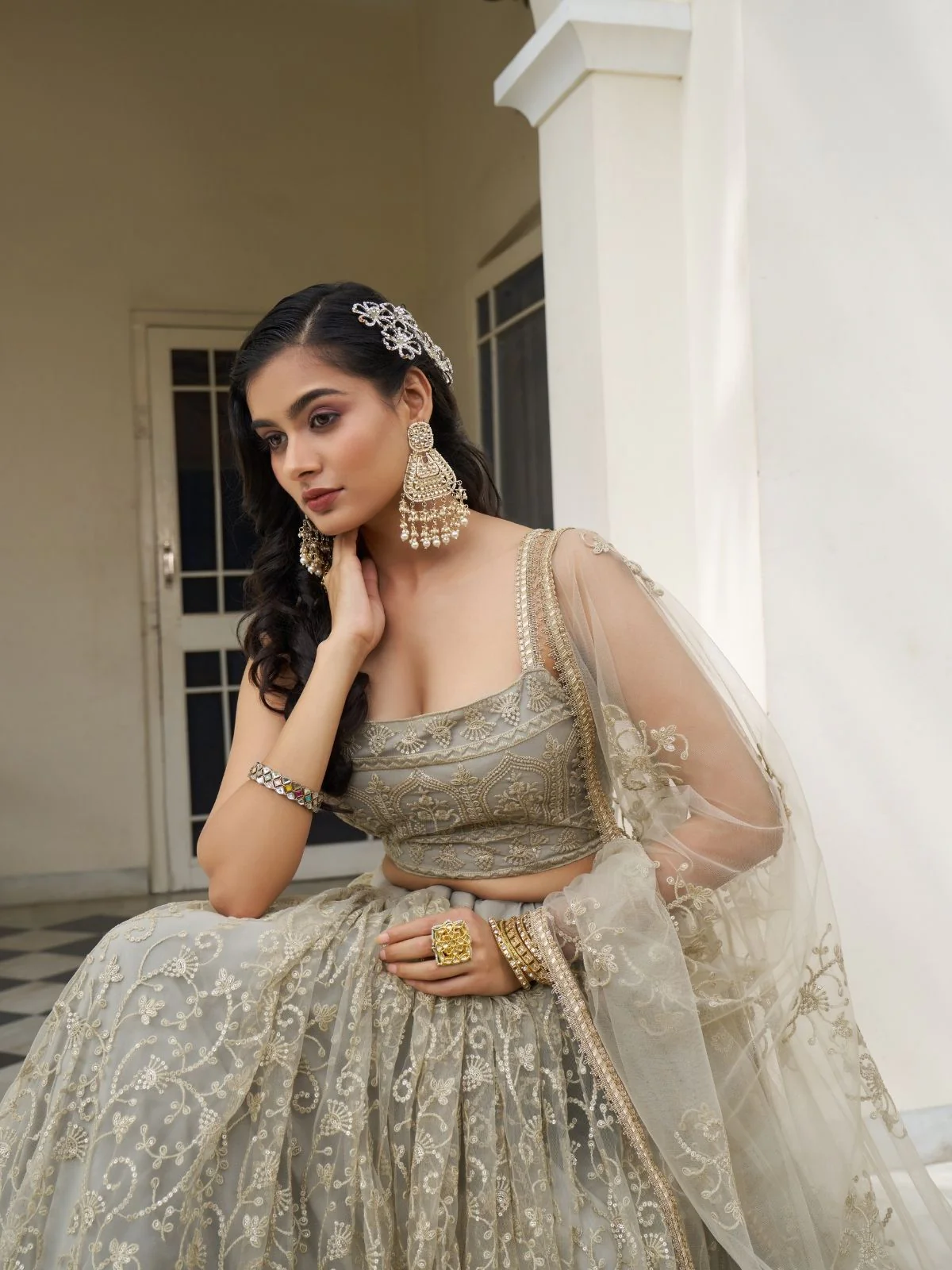 Odette Ivory Net Embroidered Semi Stitched Lehenga For Women - Image 2