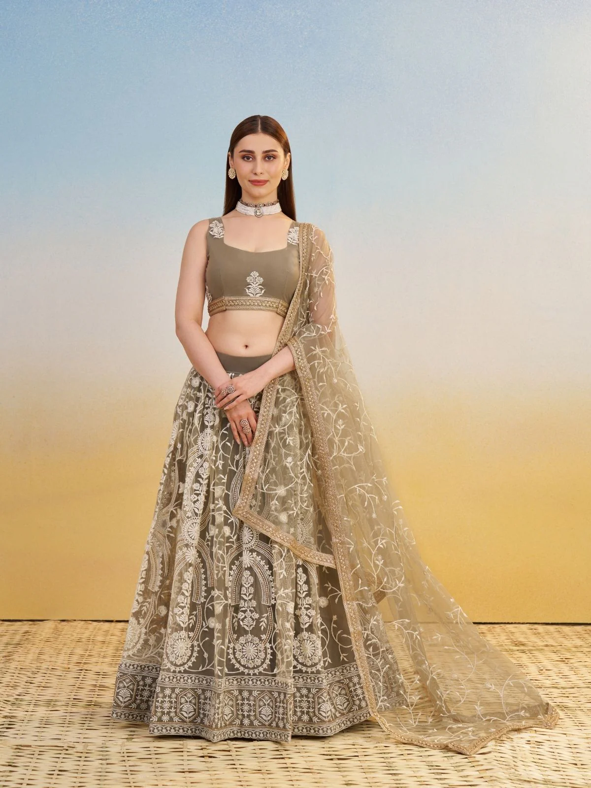 Odette Ivory Net Embroidered Semi Stitched Lehenga For Women
