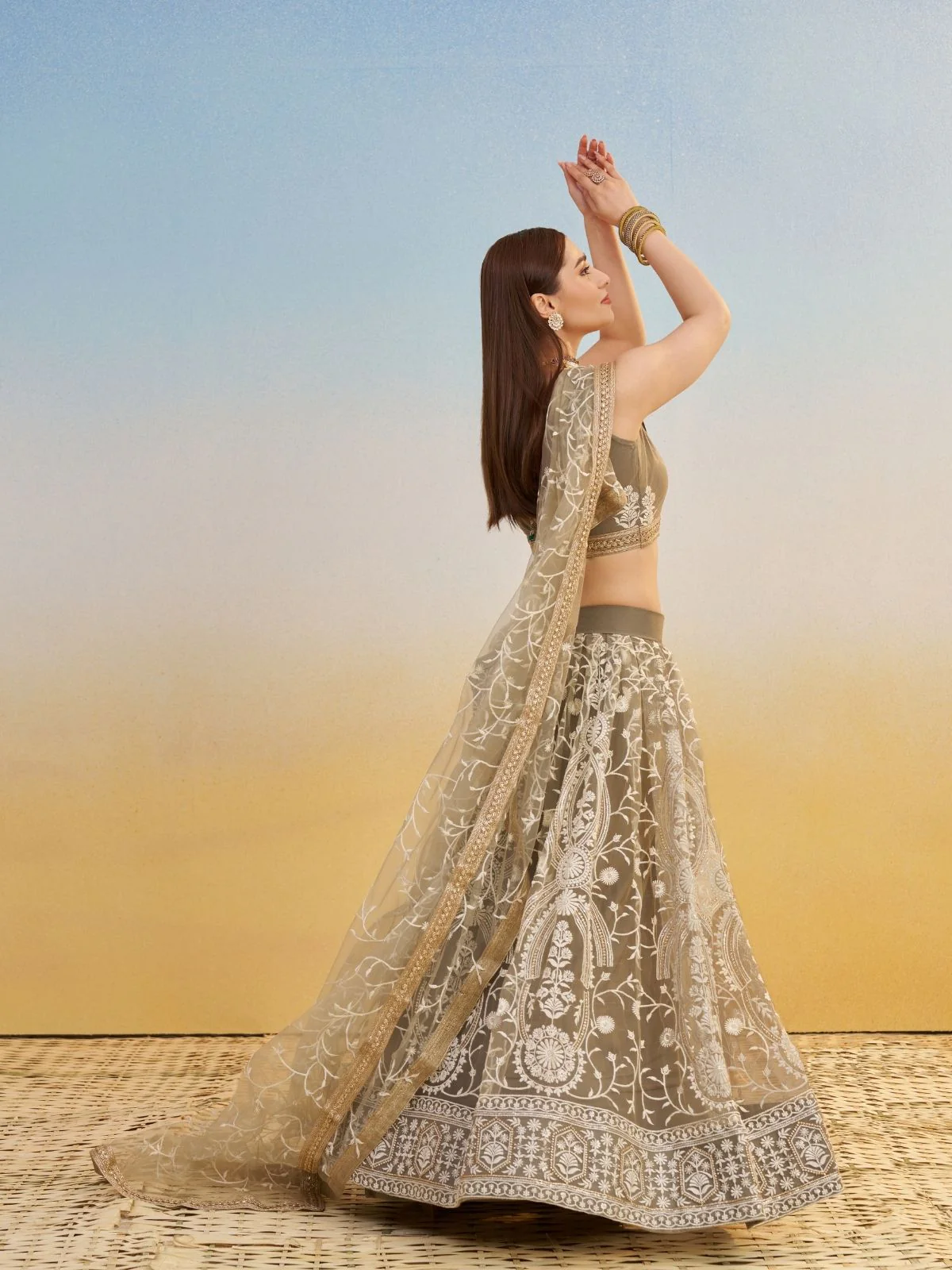 Odette Ivory Net Embroidered Semi Stitched Lehenga For Women - Image 2