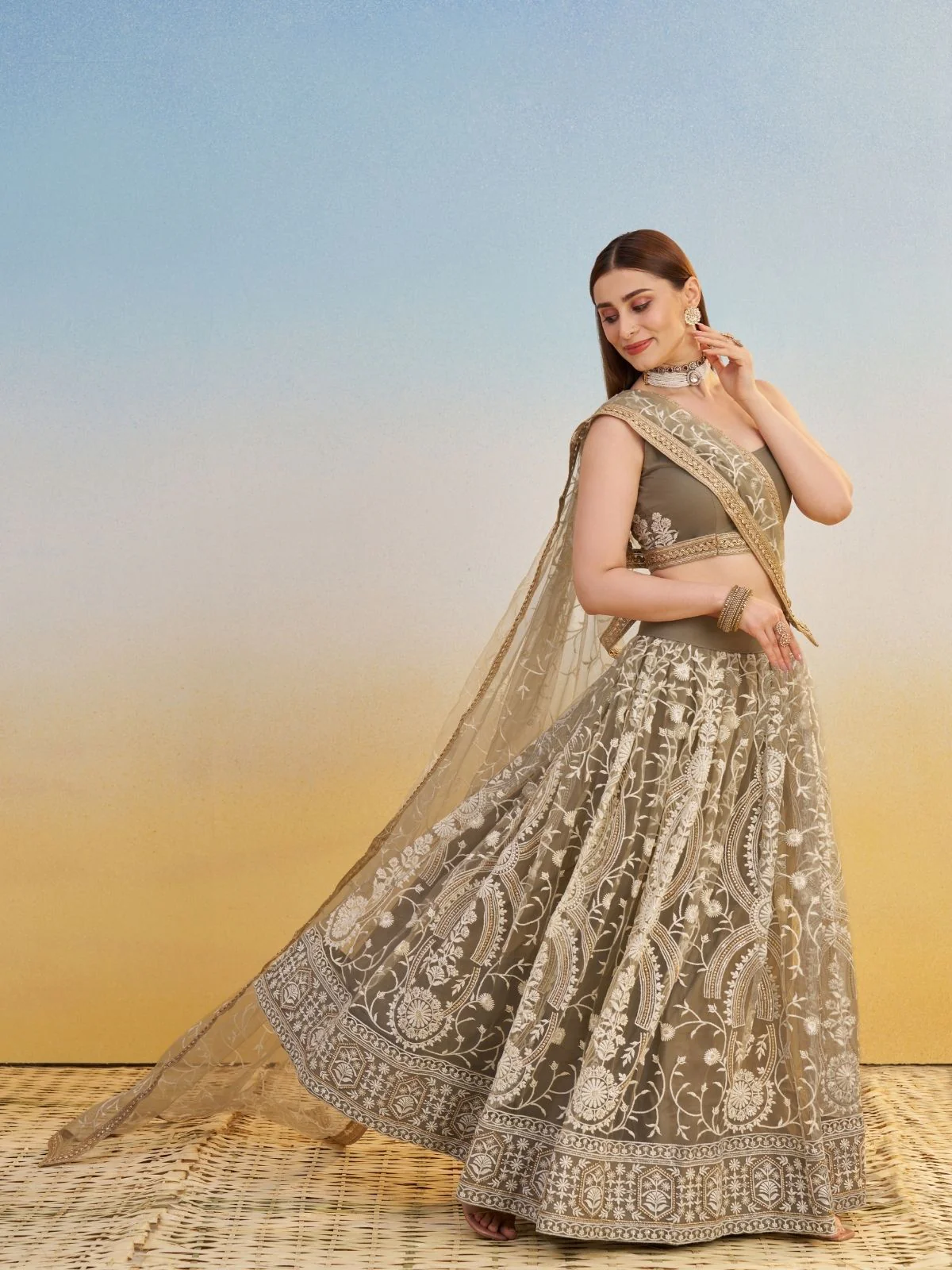 Odette Ivory Net Embroidered Semi Stitched Lehenga For Women - Image 3