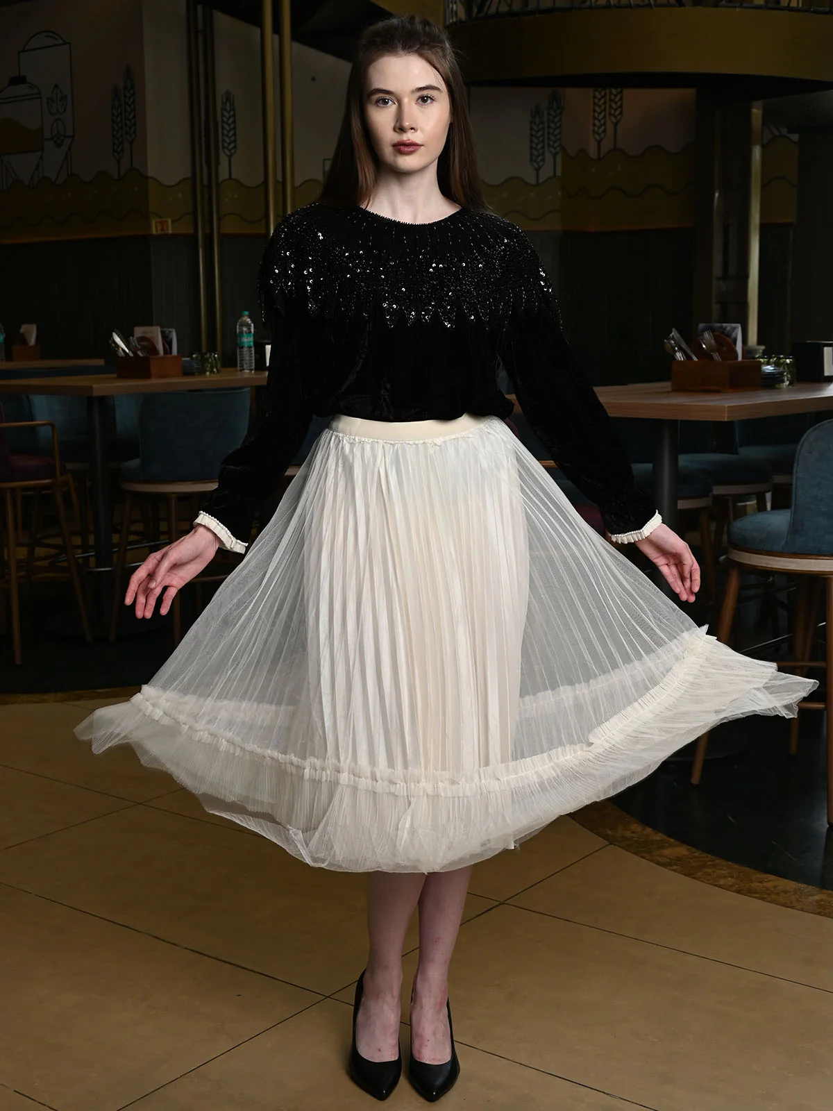 Odette Ivory Net Solid Skirt For Women - Image 2