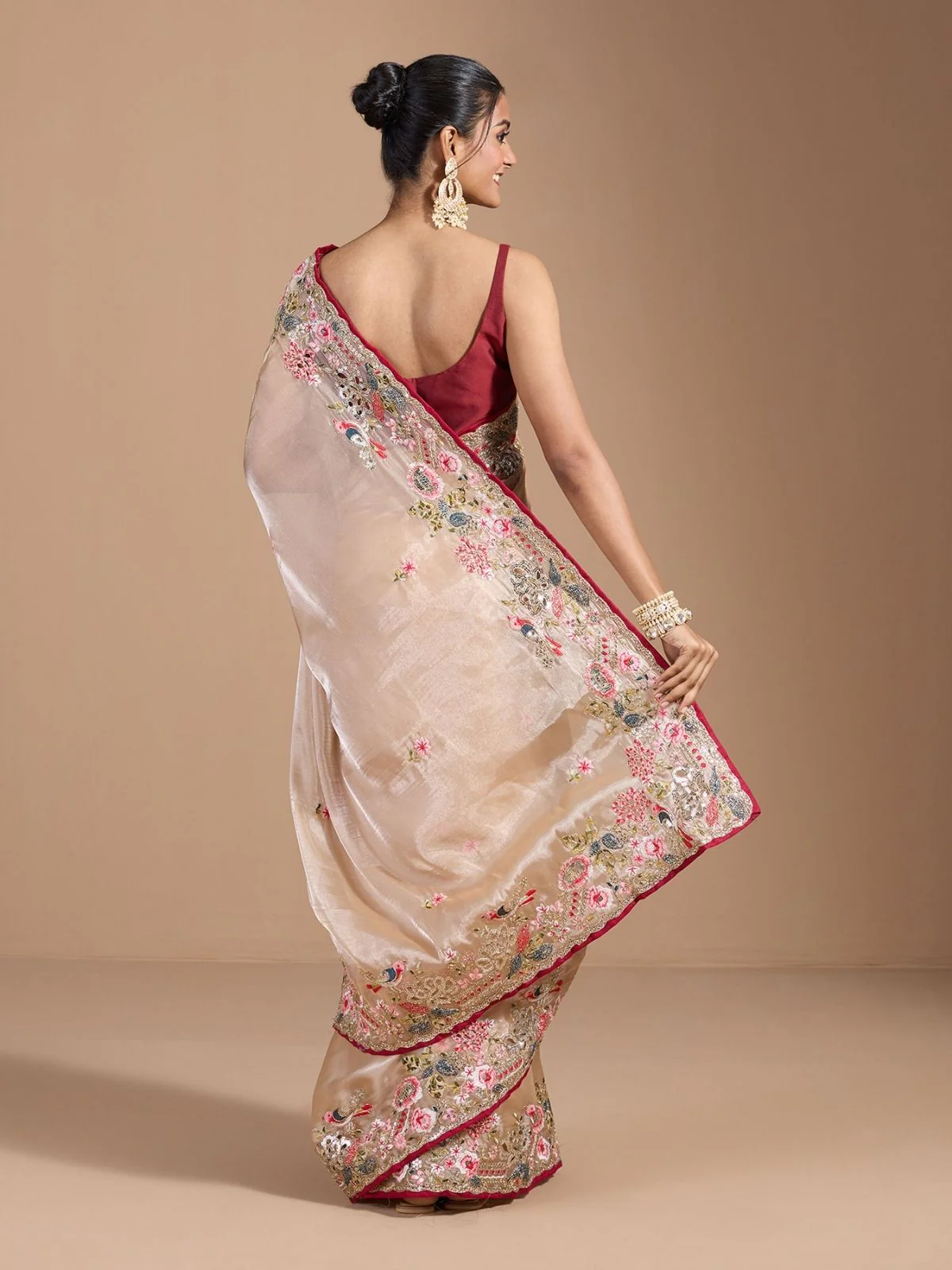 Odette Ivory Organza Embroidered Solid Saree For Women - Image 2