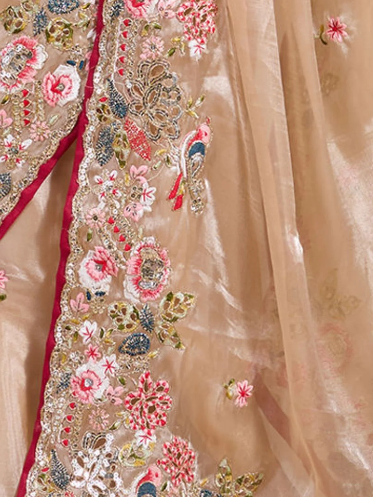 Odette Ivory Organza Embroidered Solid Saree For Women - Image 6