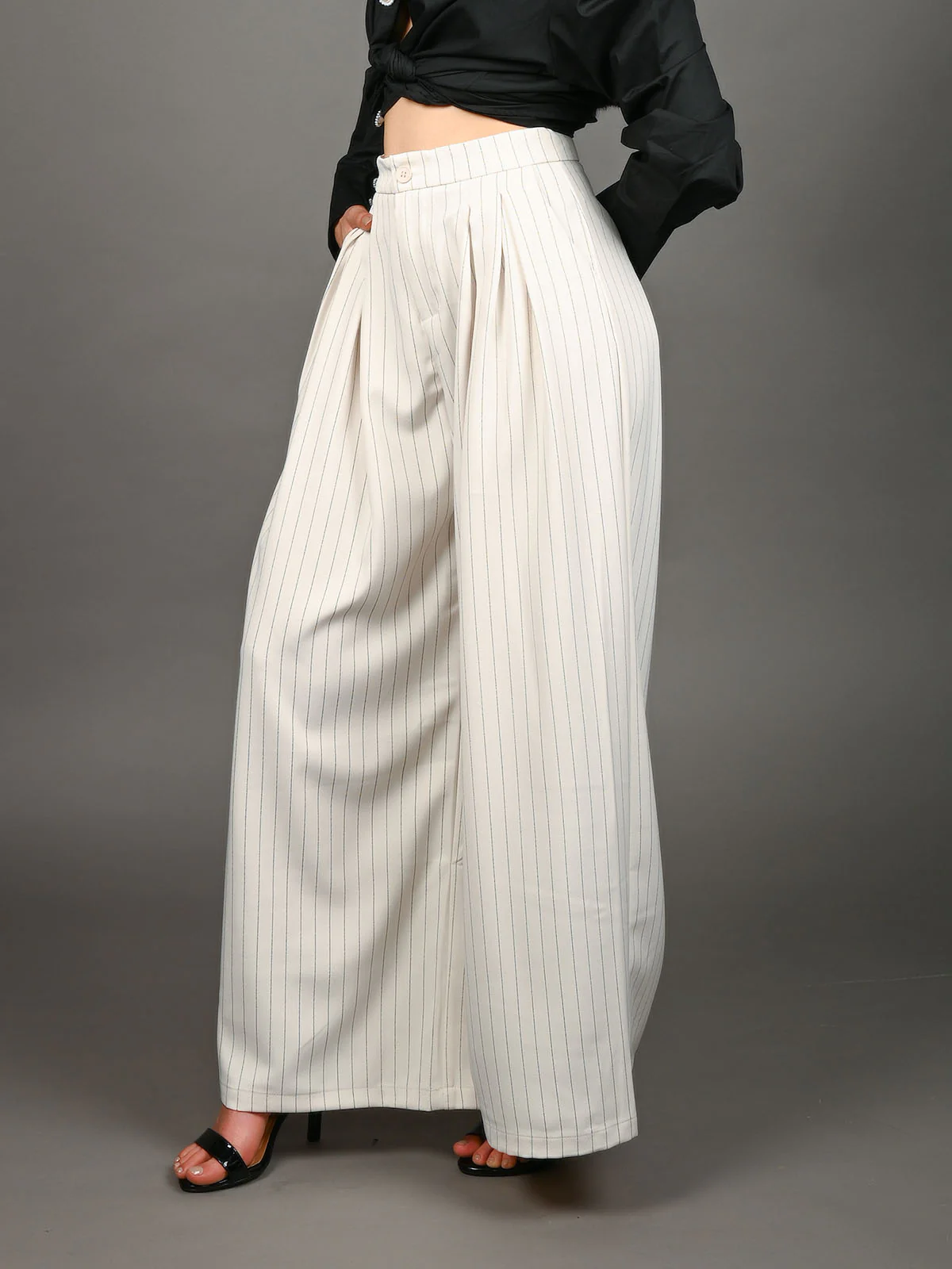 Odette Ivory Polyster Blend Striped Trouser For Women - Image 2