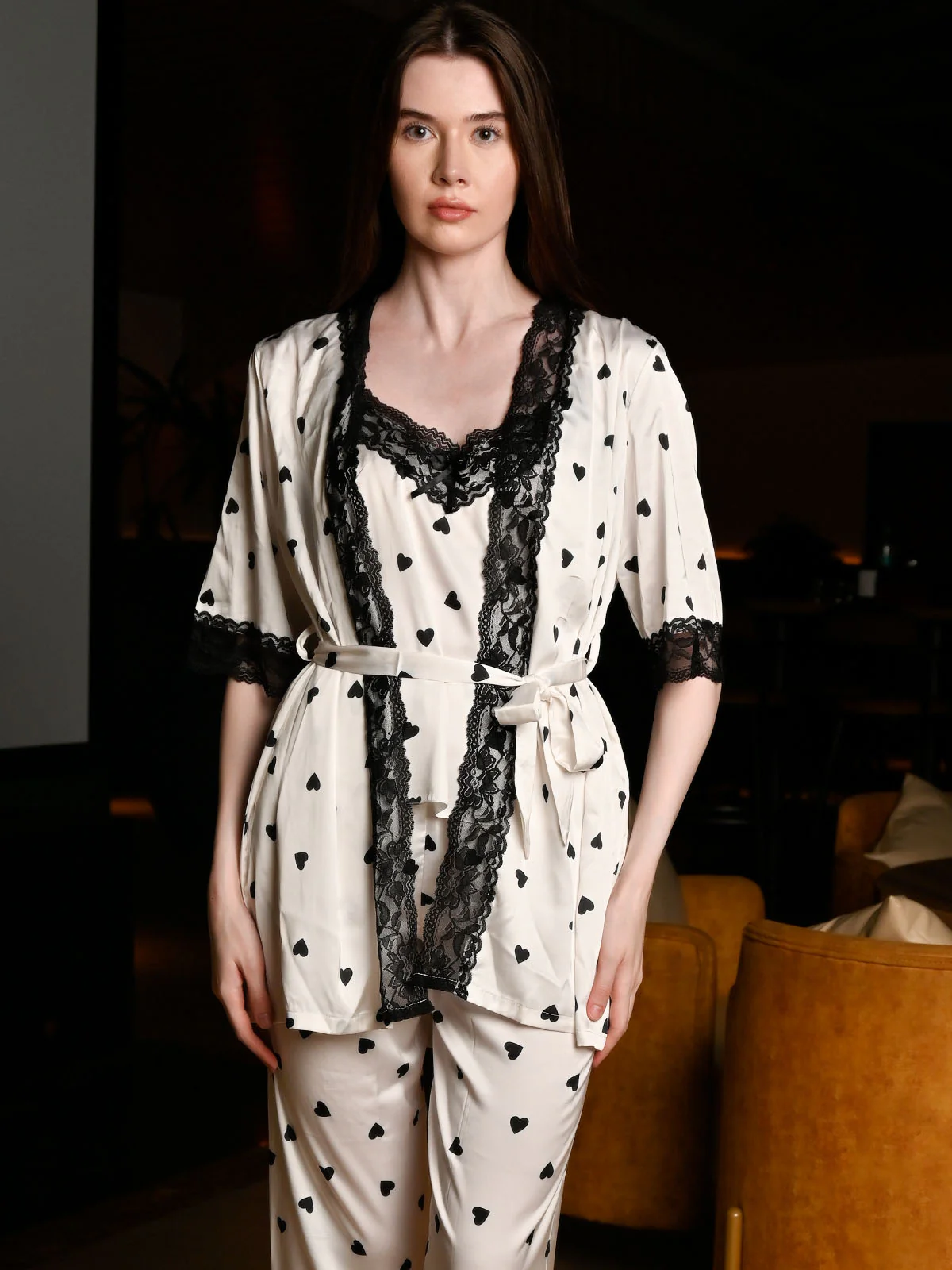Odette Ivory Satin Printed Night Wear Set For Women - Image 2