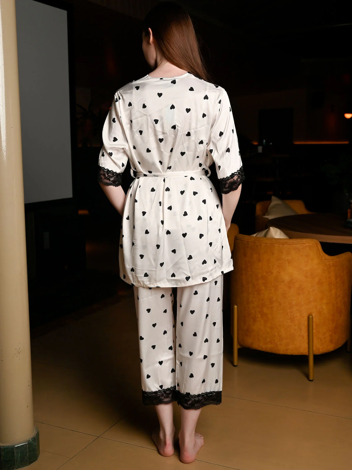 Odette Ivory Satin Printed Night Wear Set For Women - Image 4