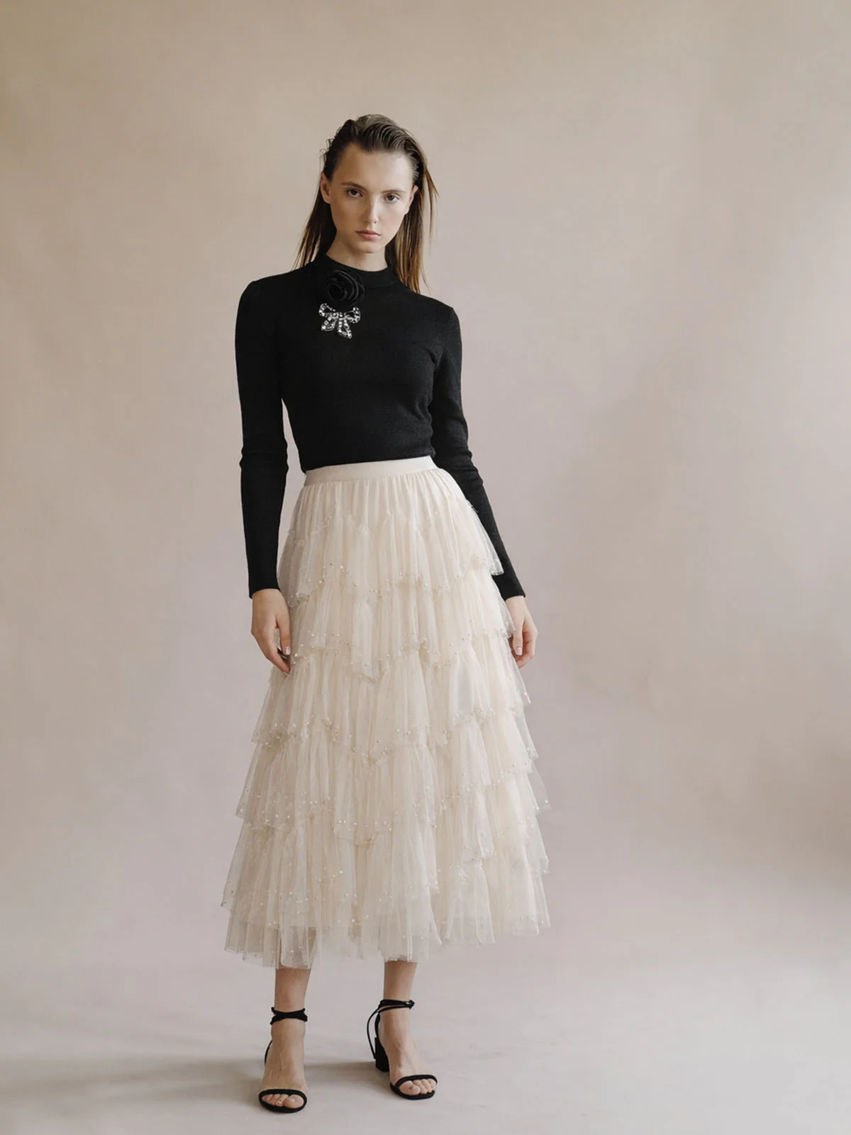 Odette Ivory Soft Net Pearl And Ruffle Skirt For Women